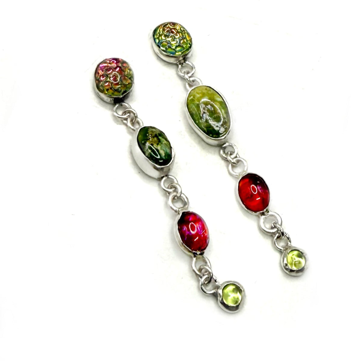Snake Skin Glass & Sonoran Turquoise Stud Earrings – Handmade Multi-Tier Sterling Silver Jewelry