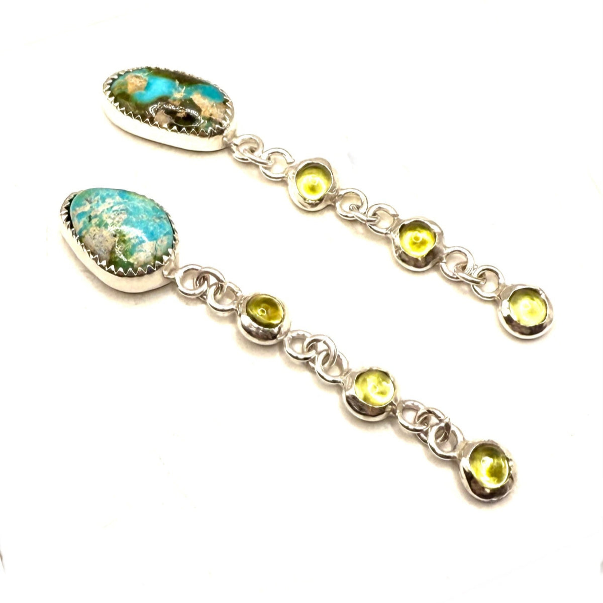 Multi-Tiered Sonoran Gold Turquoise and Peridot Sterling Silver Stud Earrings – Handmade Nature-Inspired Jewelry