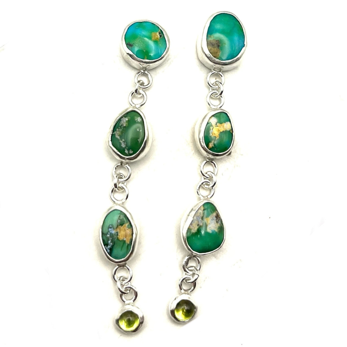 Multi-Tiered Sonoran Gold Turquoise and Peridot Sterling Silver Stud Earrings – Handmade Nature-Inspired Jewelry
