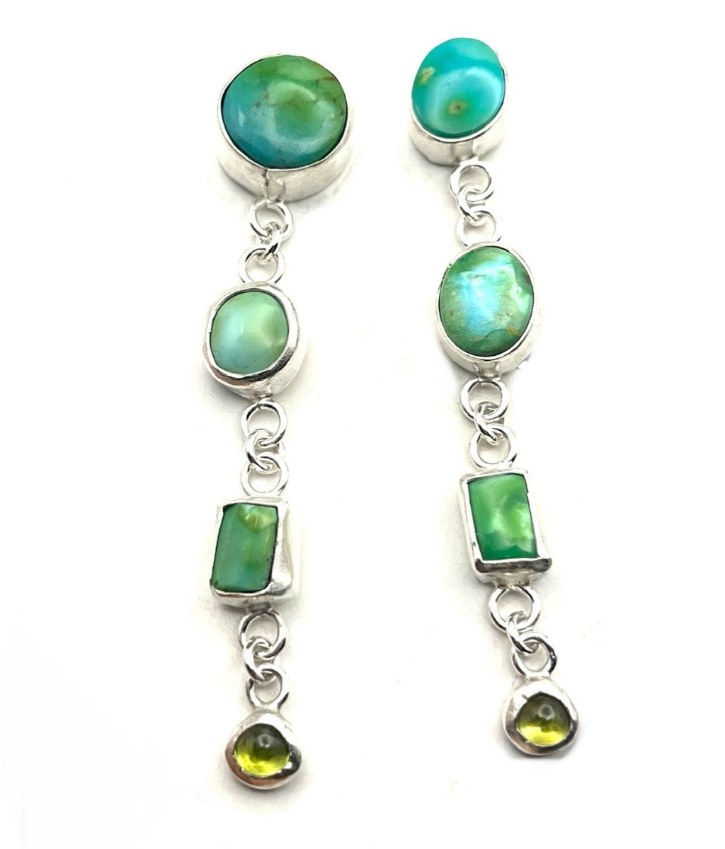 Sonoran Gold Turquoise and Peridot Multi-Tiered Sterling Silver Stud Earrings – Handmade Colorful Gemstone Jewelry