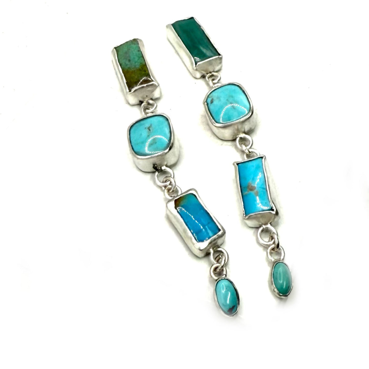 Sonoran Gold Turquoise and Peridot Drop Stud Earrings – Handmade Sterling Silver Statement Jewelry