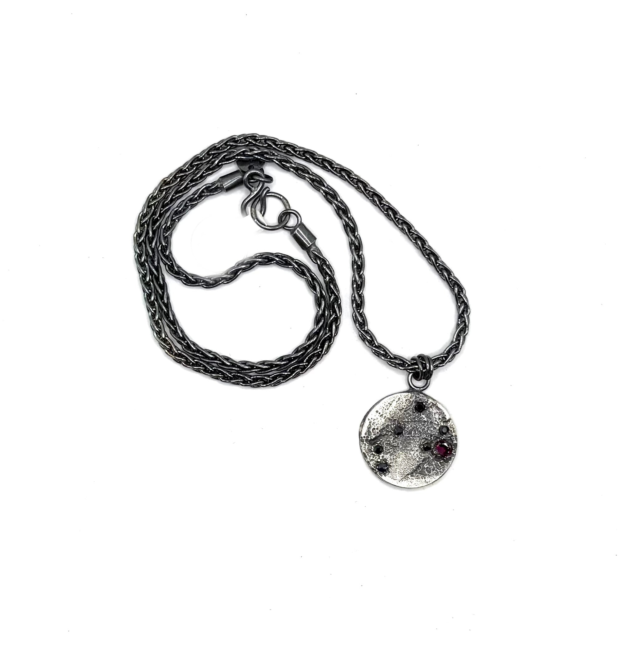 Sterling Silver Cosmic Pendant with Black Sapphires & Garnet