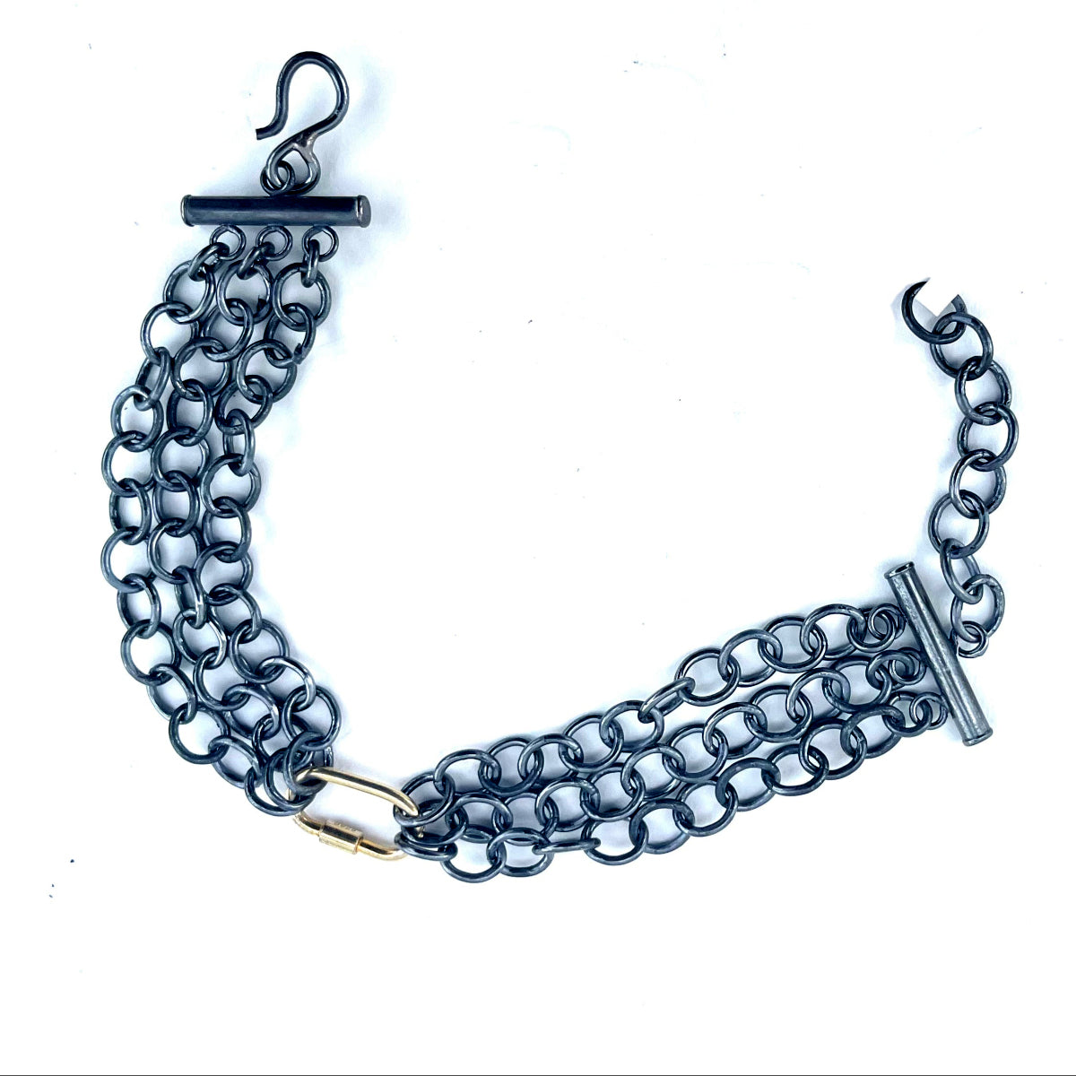 Handmade Sterling Silver Carabiner Chain with Gold-Dipped Clasp – Bold Oxidized Silver & Polished Gold Contrast