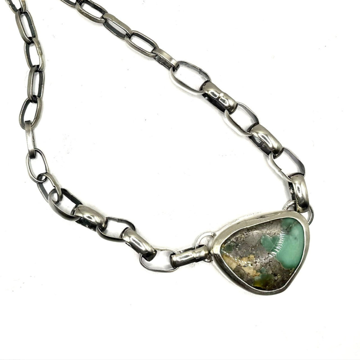 Treasure Mountain Turquoise Necklace with Handmade Sterling Silver Rolo Chain