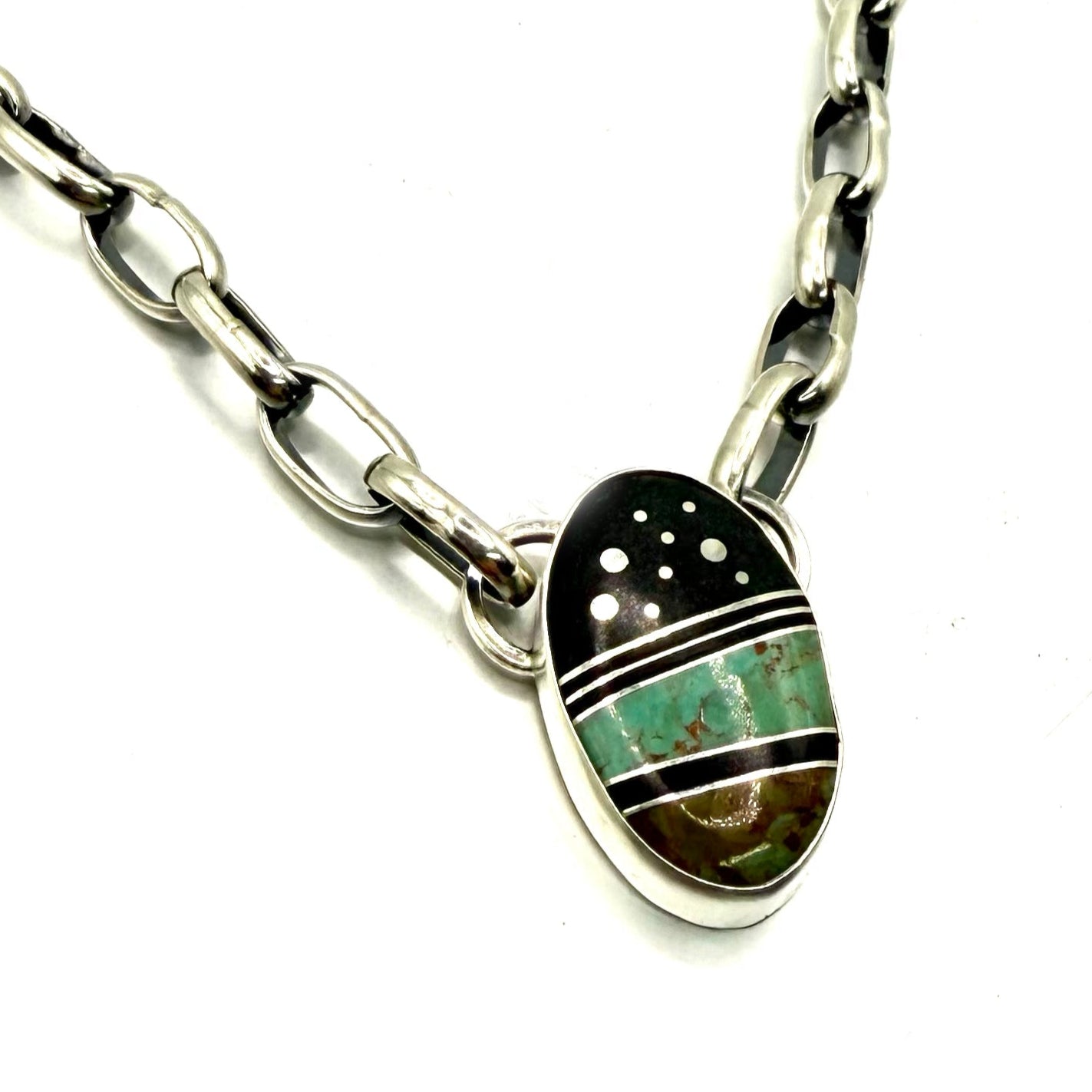 Turquoise Inlay Night Sky Necklace – Handmade Sterling Silver with Kingman Turquoise and Micarta
