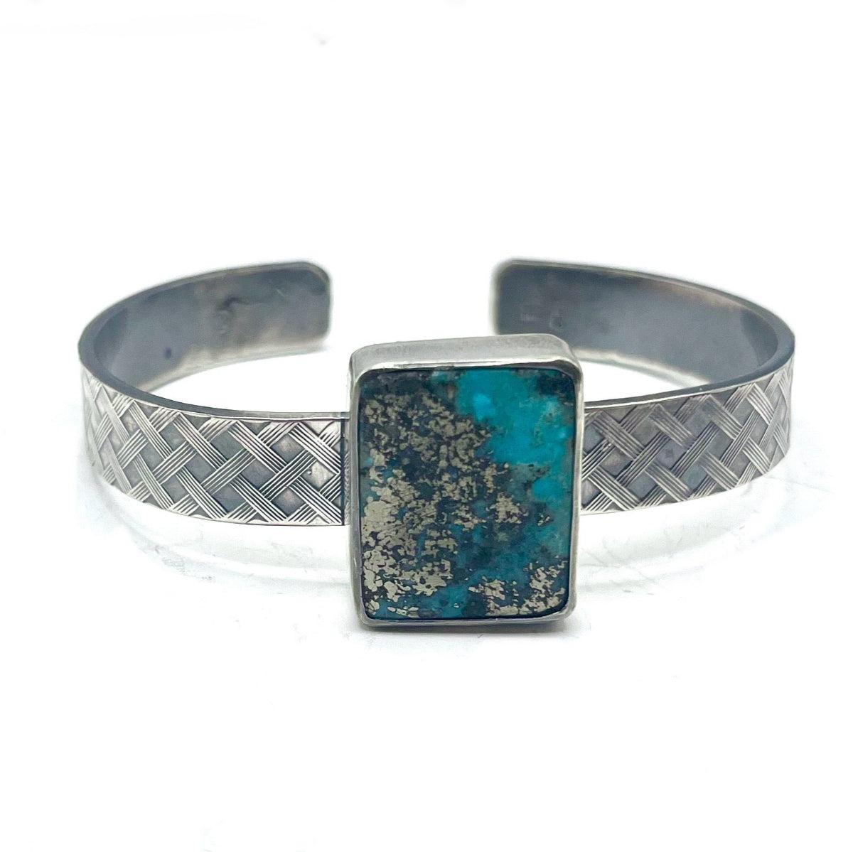 Turquoise and Pyrite Basket Pattern Sterling Silver Cuff – Handcrafted Southwestern Jewelry, 6.5" Circumference