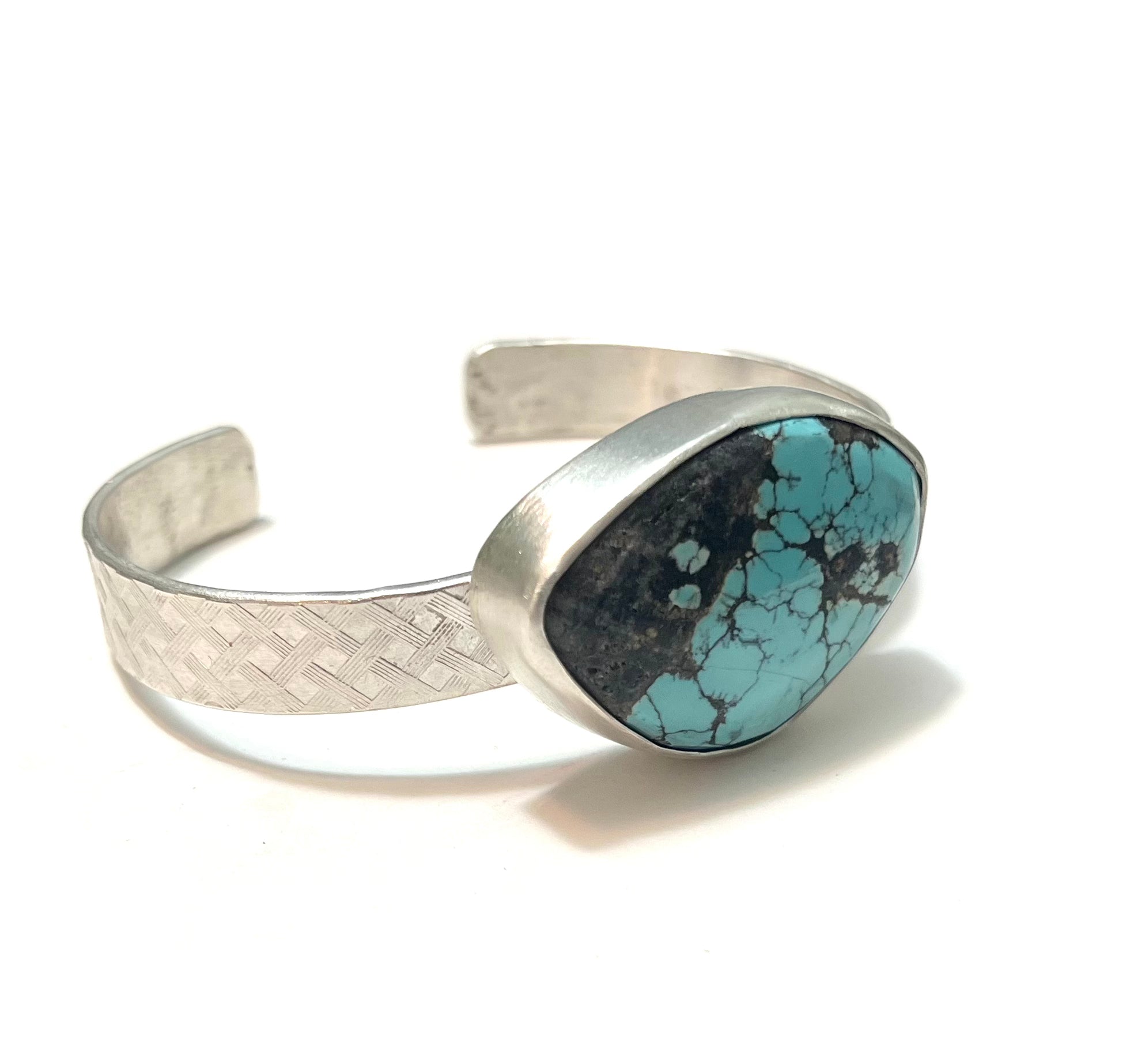 Hubei Turquoise Cuff – Thick Patterned Sterling Silver Band, Timeless Artisan Jewelry