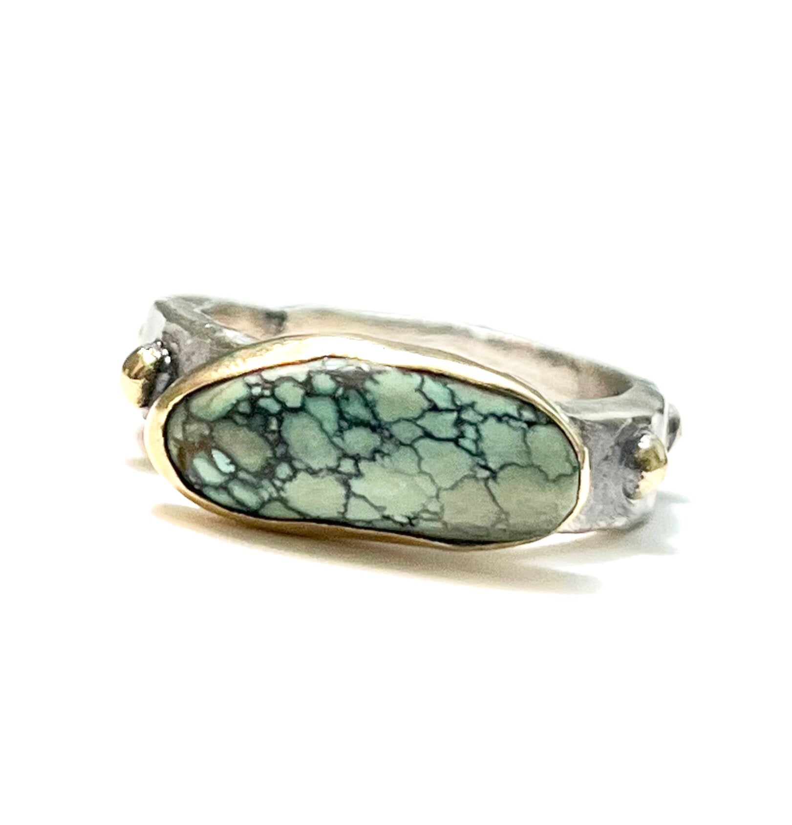 Unique Asymmetrical Variscite Ring with 14K Gold Wrap and Oxidized Sterling Silver Band – Size 7