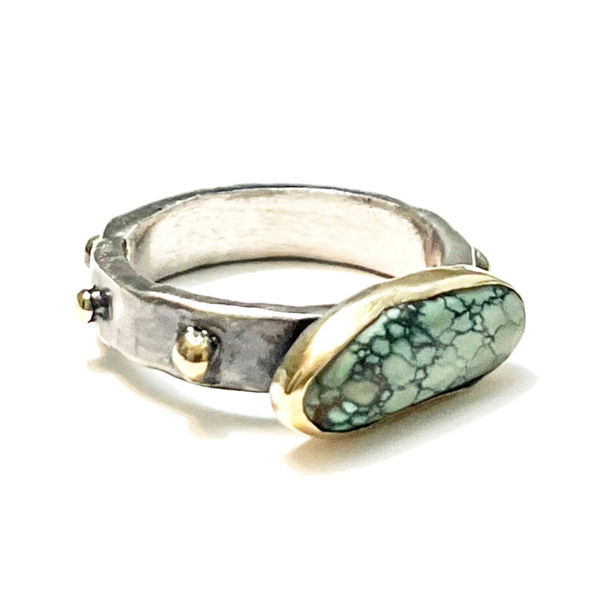 Unique Asymmetrical Variscite Ring with 14K Gold Wrap and Oxidized Sterling Silver Band – Size 7