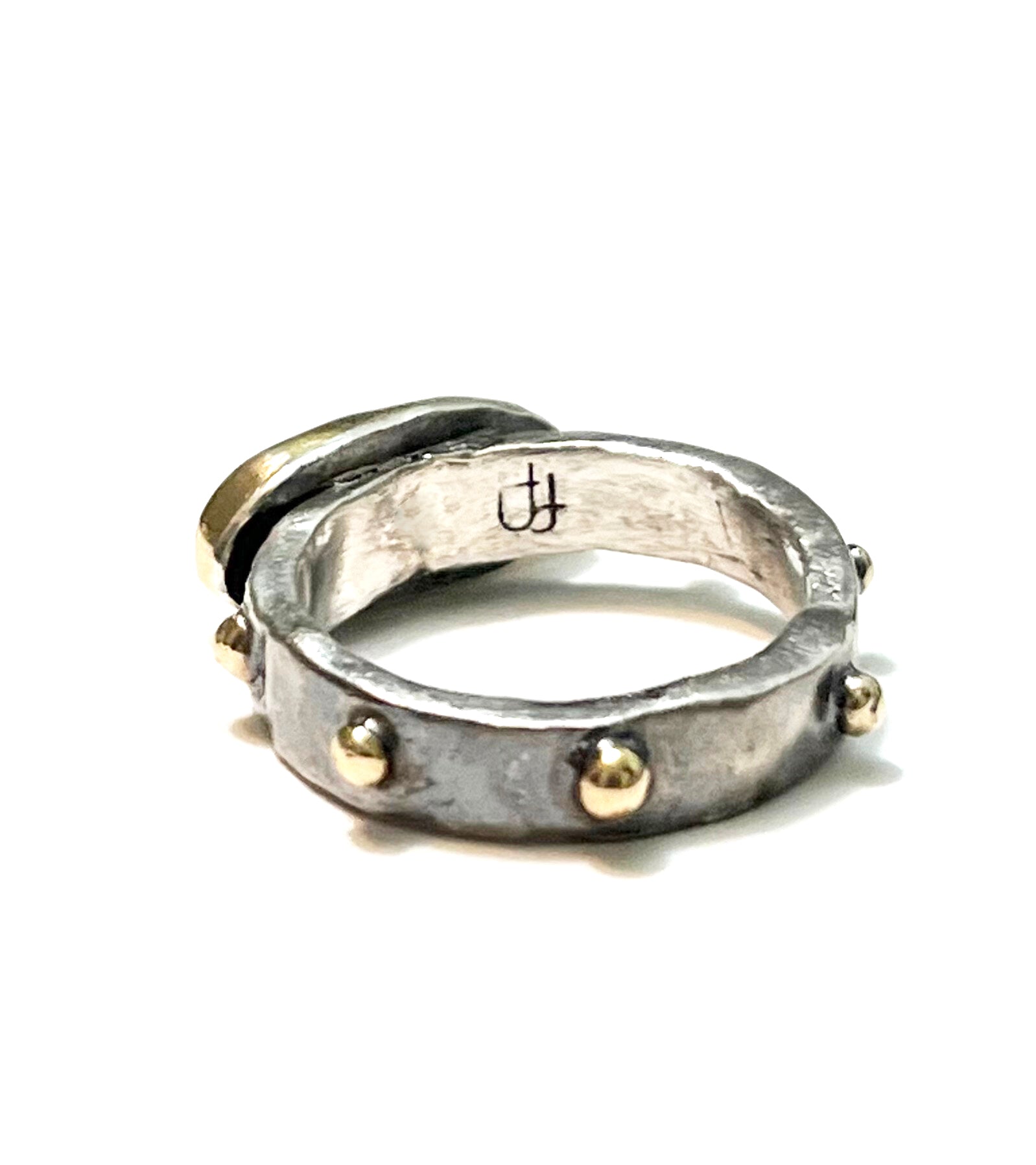 Unique Asymmetrical Variscite Ring with 14K Gold Wrap and Oxidized Sterling Silver Band – Size 7