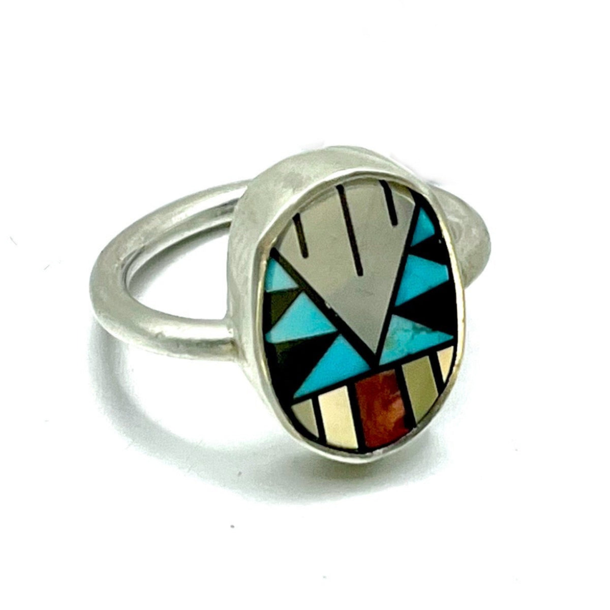 Zuni Inlay Ring with Mother of Pearl, Coral & Turquoise – Handmade Sterling Silver Statement Ring, Size 8