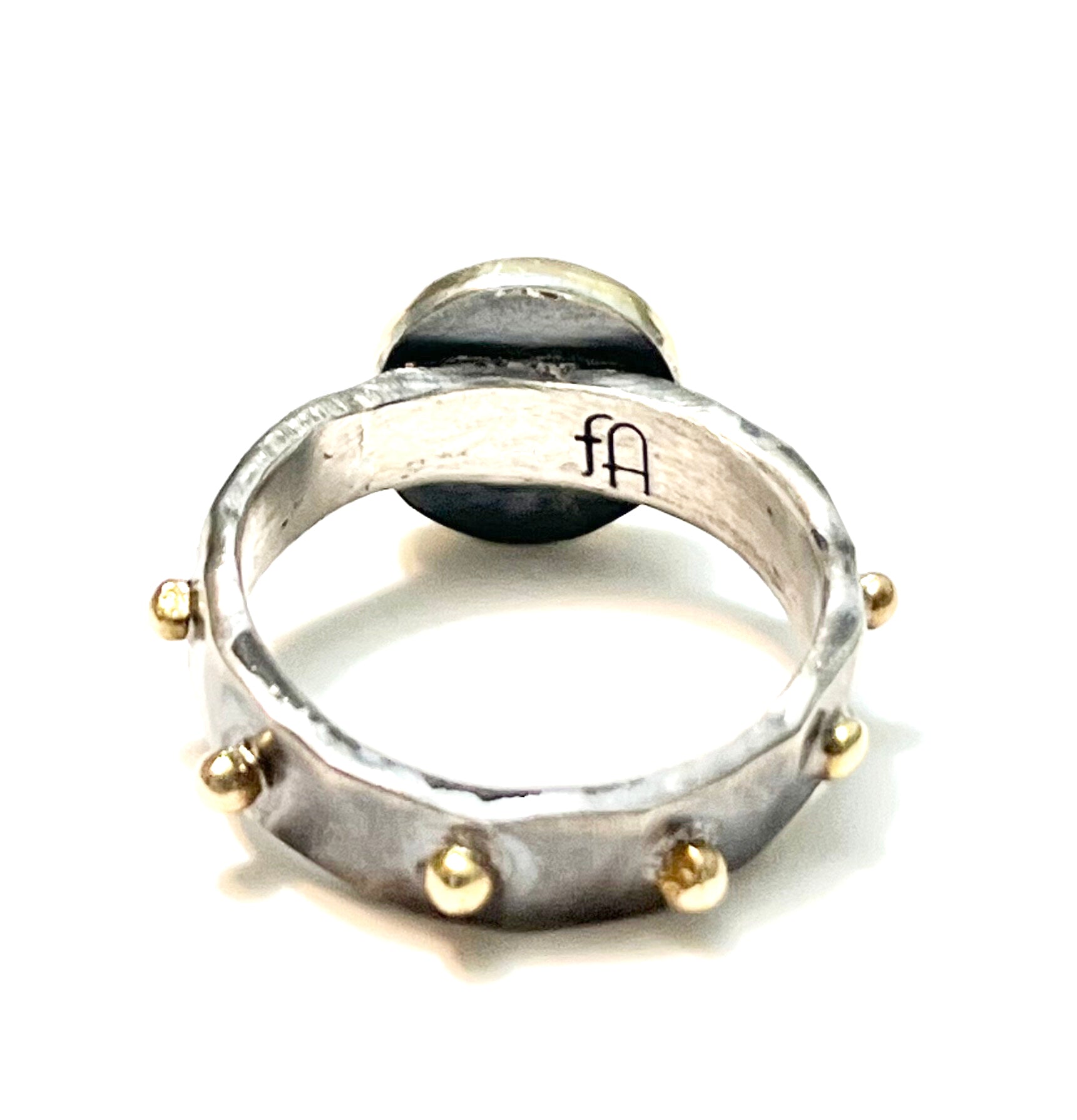 Unique Ebony and 14K Gold Ring – Hand-Forged Sterling Silver Band with Gaboon Ebony and Gold Bezel, Size 7.25