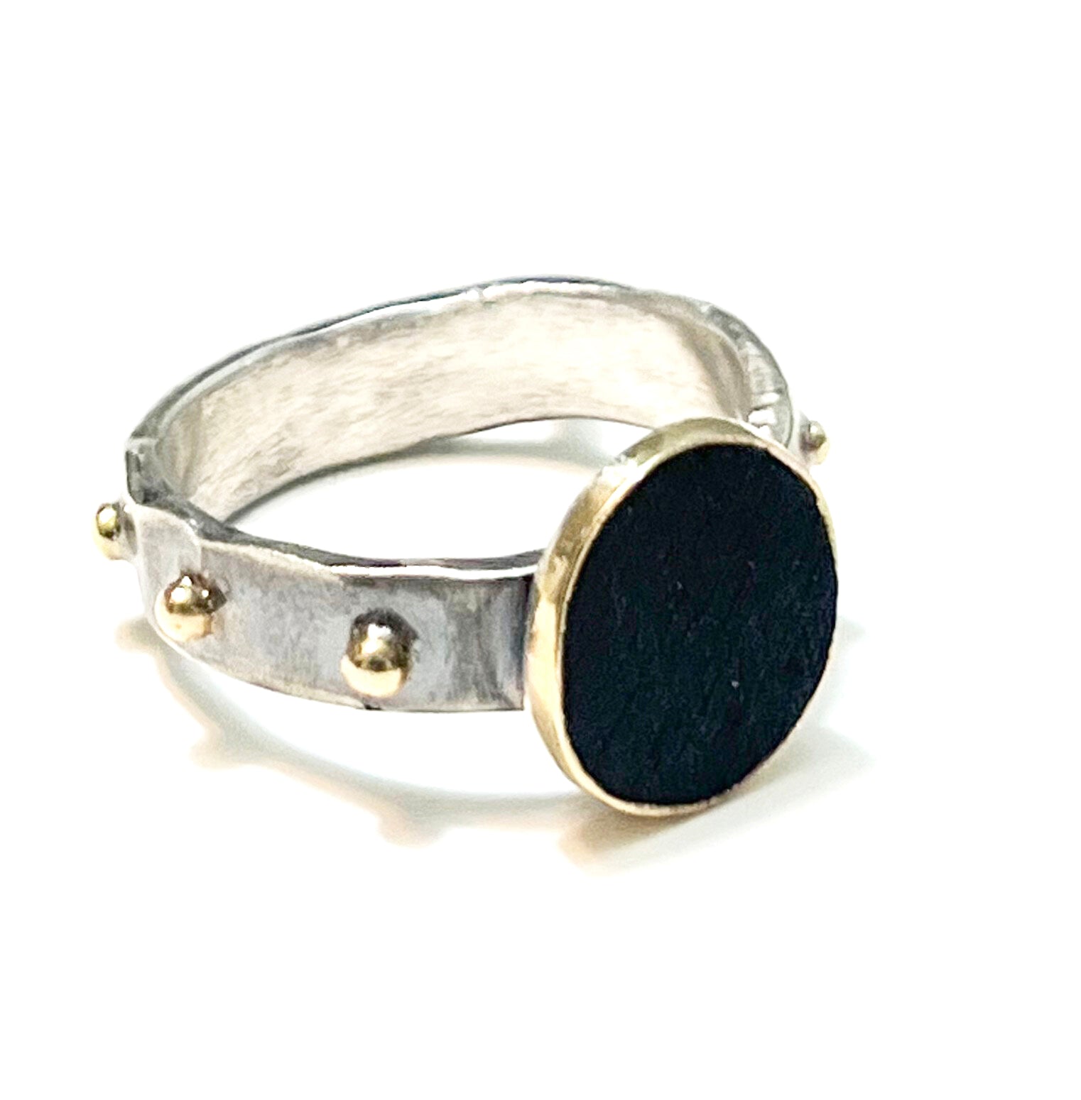 Unique Ebony and 14K Gold Ring – Hand-Forged Sterling Silver Band with Gaboon Ebony and Gold Bezel, Size 7.25