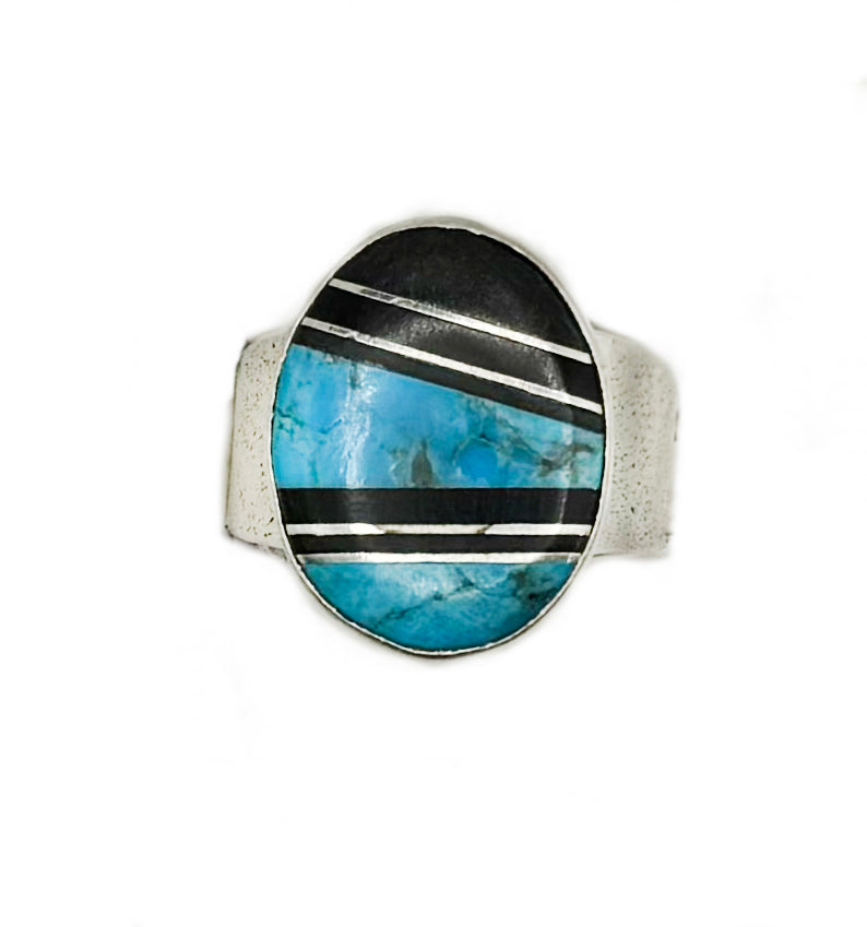 Sterling Silver Inlay Cabochon Ring with Turquoise and Micarta I