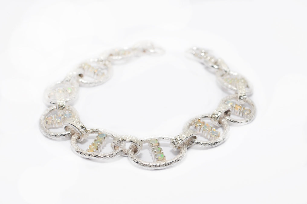 Opal & Sterling Silver Marine Chain Bracelet – Hand-Carved Links