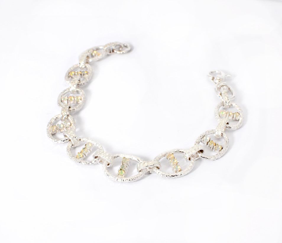 Opal & Sterling Silver Marine Chain Bracelet – Hand-Carved Links