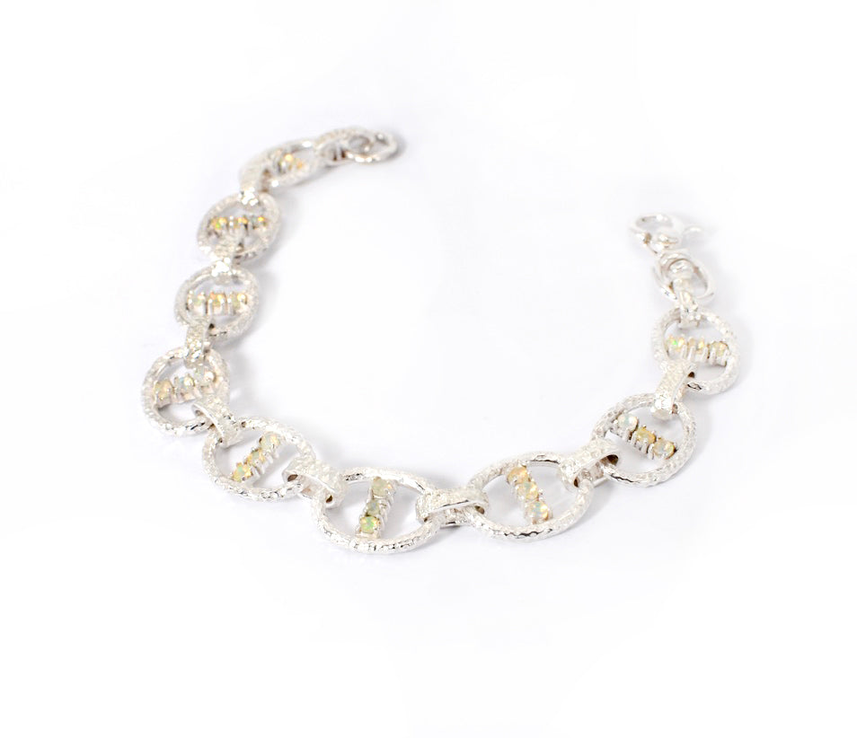 Opal & Sterling Silver Marine Chain Bracelet – Hand-Carved Links