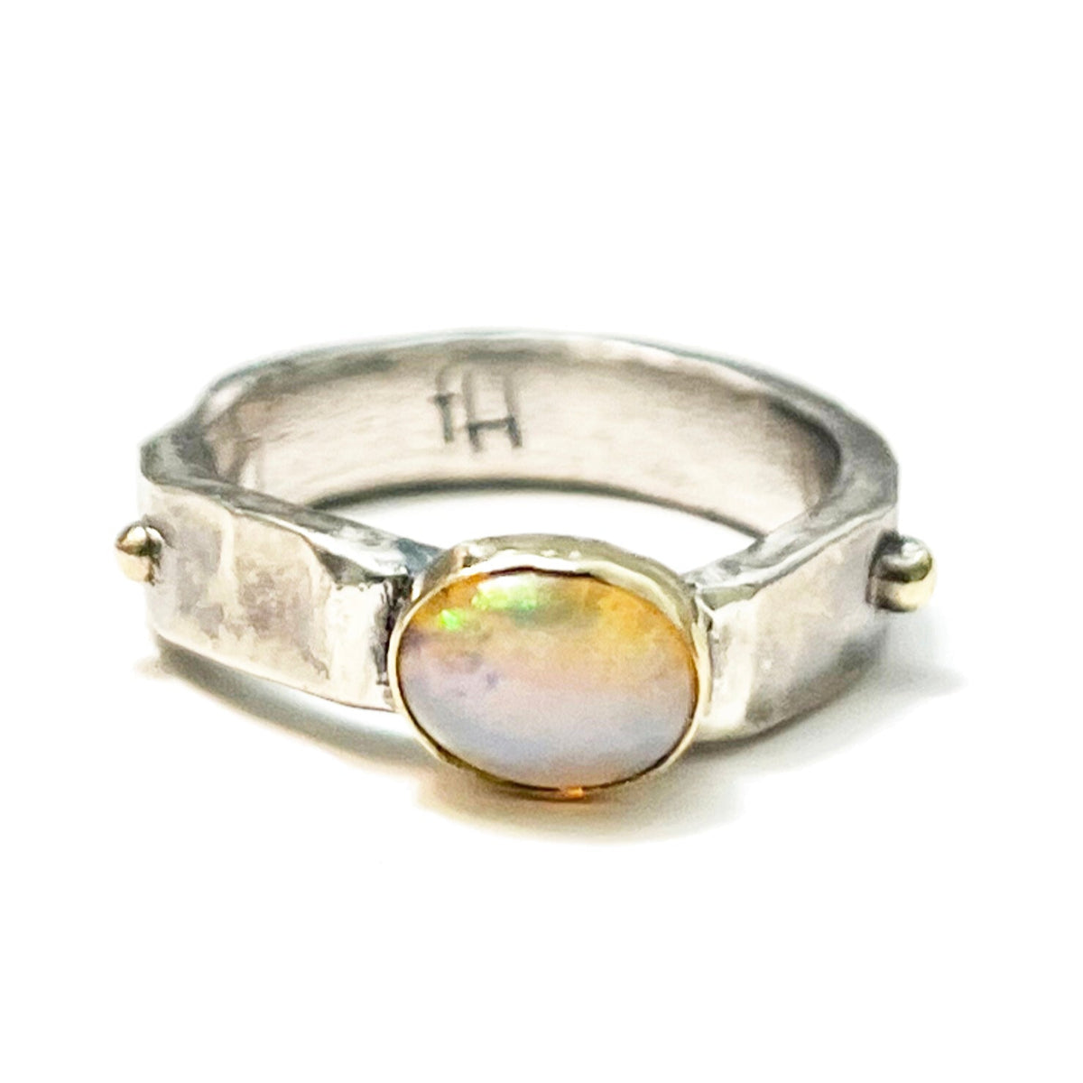 Unique Gold Sterling and Opal Ring – Handcrafted 14K Gold Wrapped Opal on Sterling Silver Band, Size 6.5