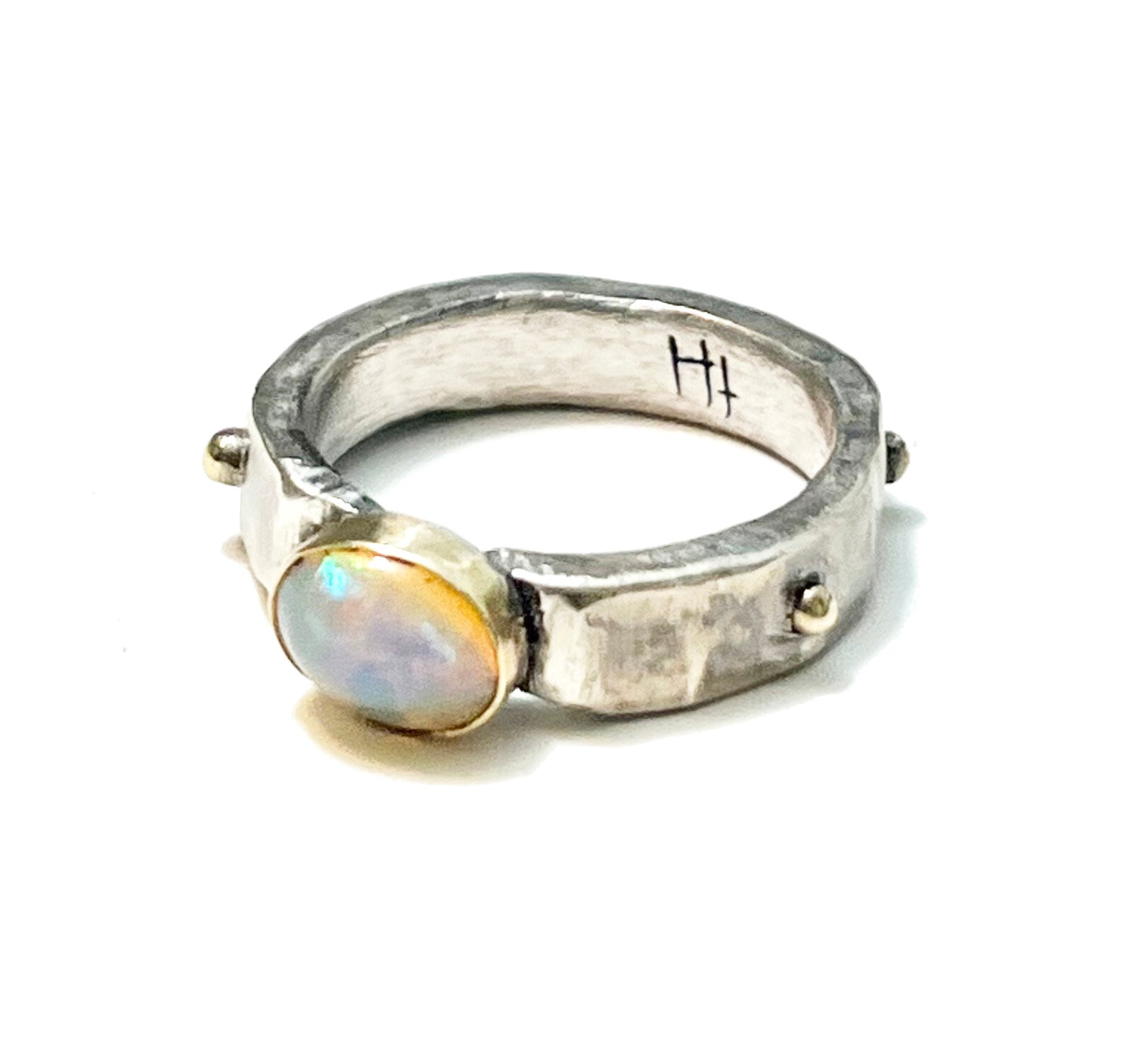 Unique Gold Sterling and Opal Ring – Handcrafted 14K Gold Wrapped Opal on Sterling Silver Band, Size 6.5