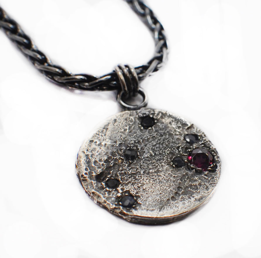Sterling Silver Cosmic Pendant with Black Sapphires & Garnet