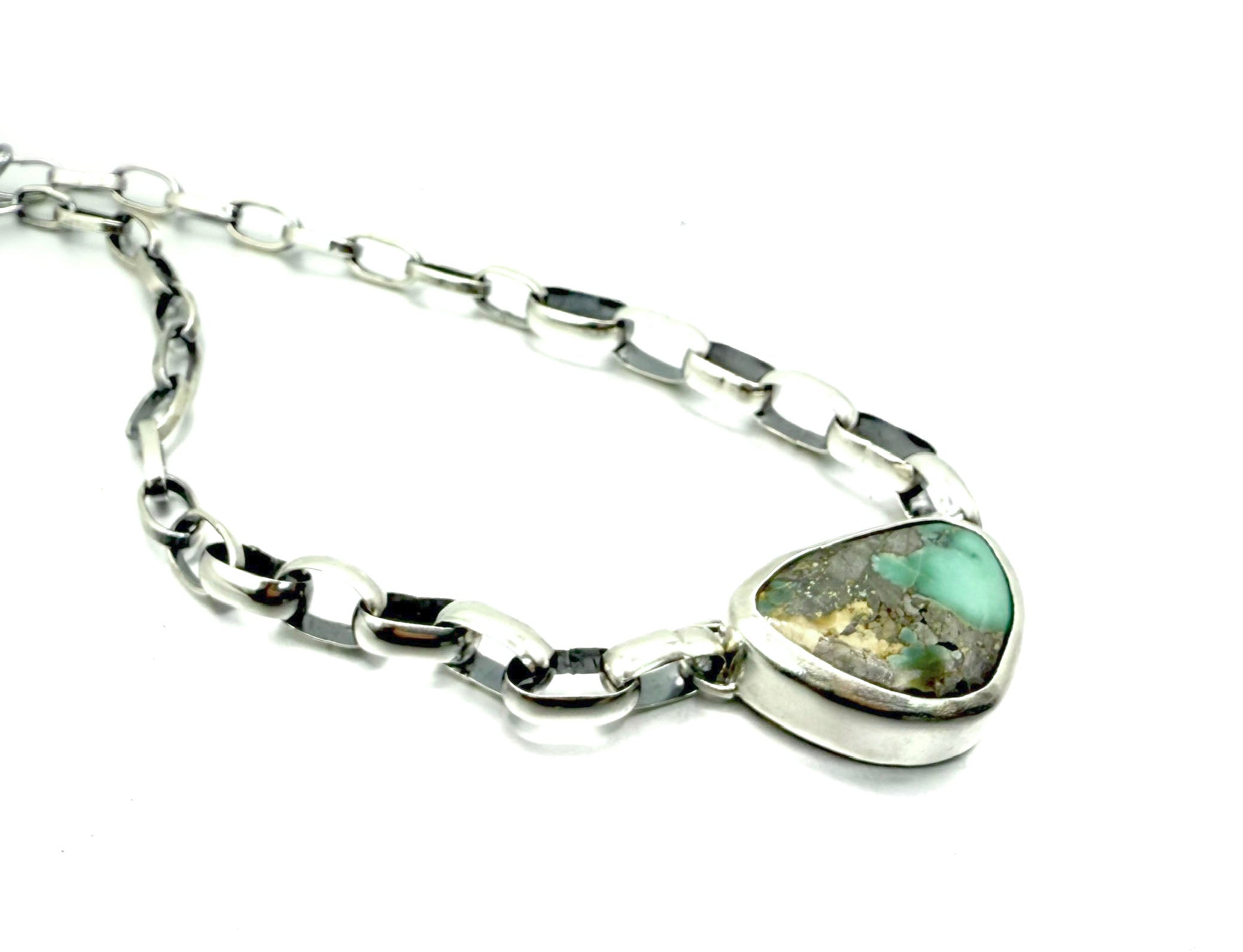 Treasure Mountain Turquoise Necklace with Handmade Sterling Silver Rolo Chain