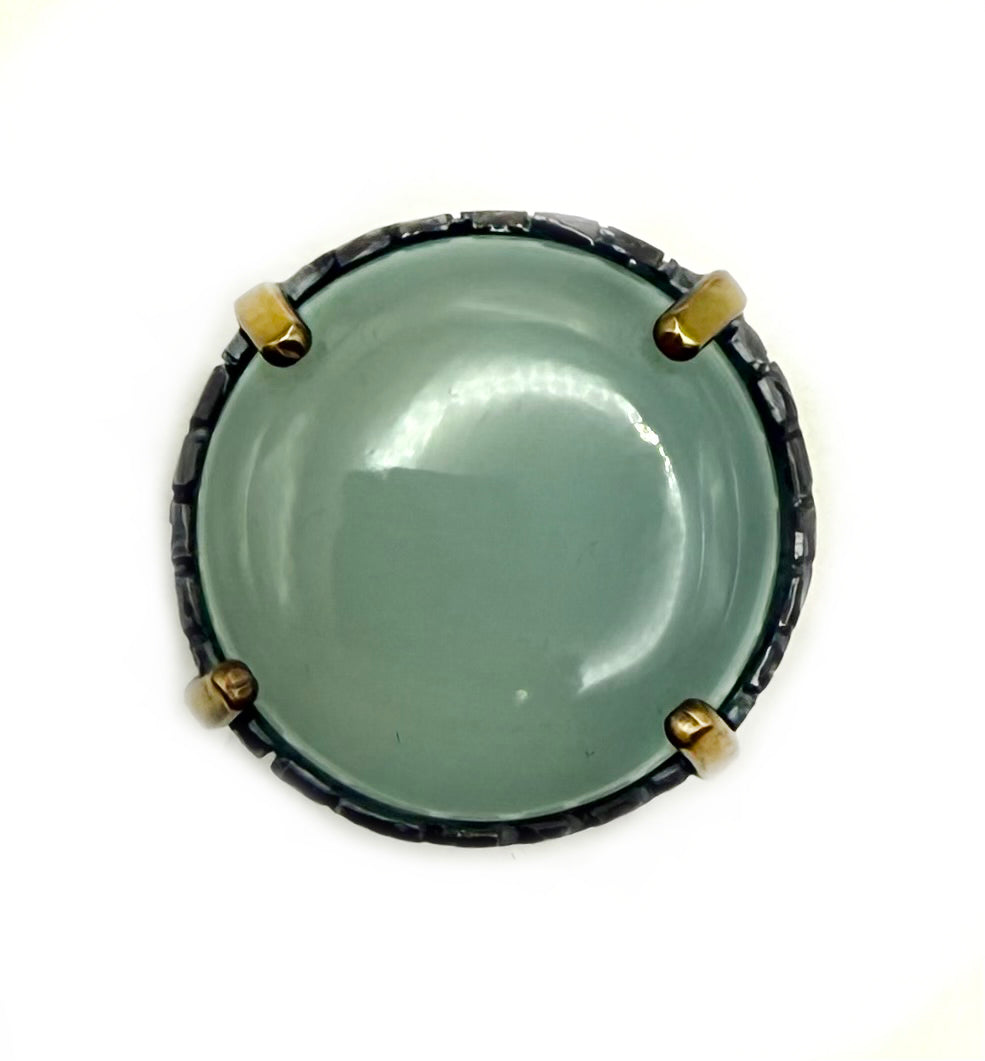 Chalcedony Sterling Silver Signet Ring – Handmade Vintage Flatware Jewelry with Brass Accents