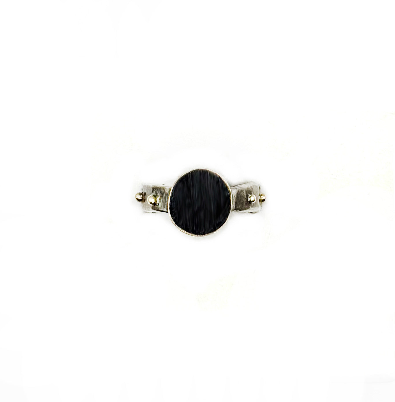 Unique Ebony and 14K Gold Ring – Hand-Forged Sterling Silver Band with Gaboon Ebony and Gold Bezel, Size 7.25
