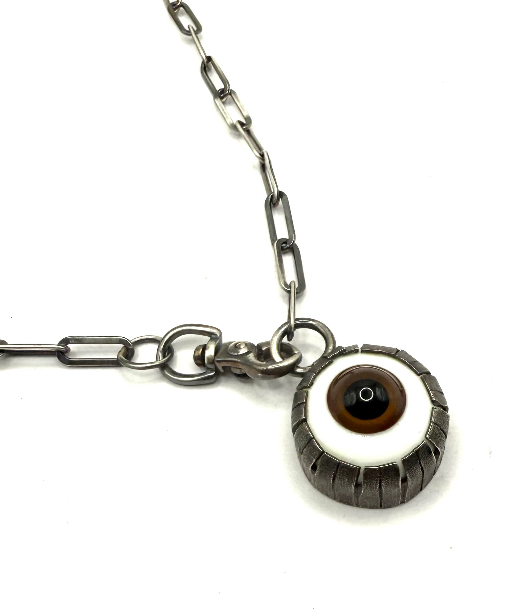 Glass Eyeball Pendant Necklace – Sterling Silver Chain, Handmade Bezel Setting_Brown
