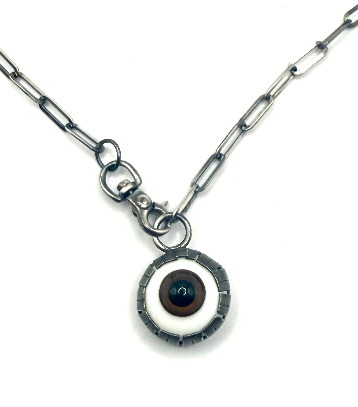 Glass Eyeball Pendant Necklace – Sterling Silver Chain, Handmade Bezel Setting_Brown