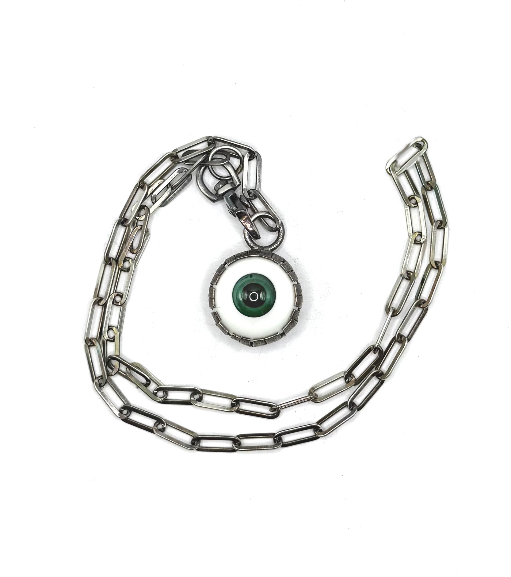 Glass Eyeball Pendant Necklace – Sterling Silver Chain, Handmade Bezel Setting_Green
