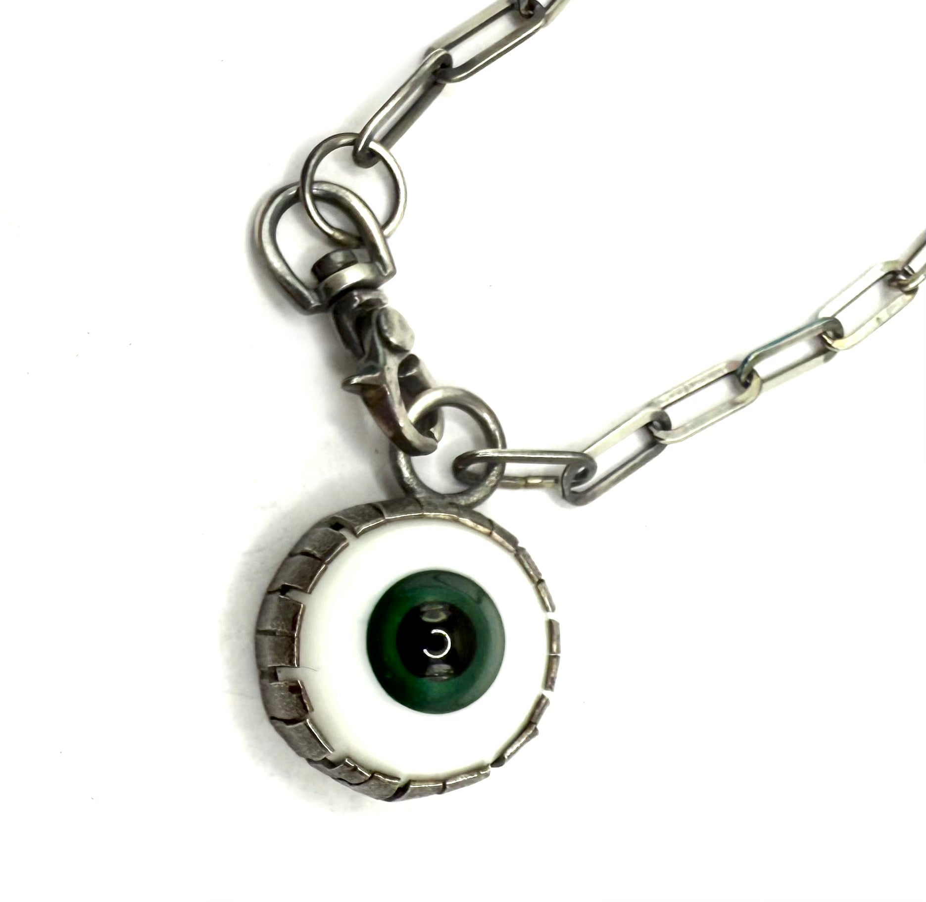 Glass Eyeball Pendant Necklace – Sterling Silver Chain, Handmade Bezel Setting_Green