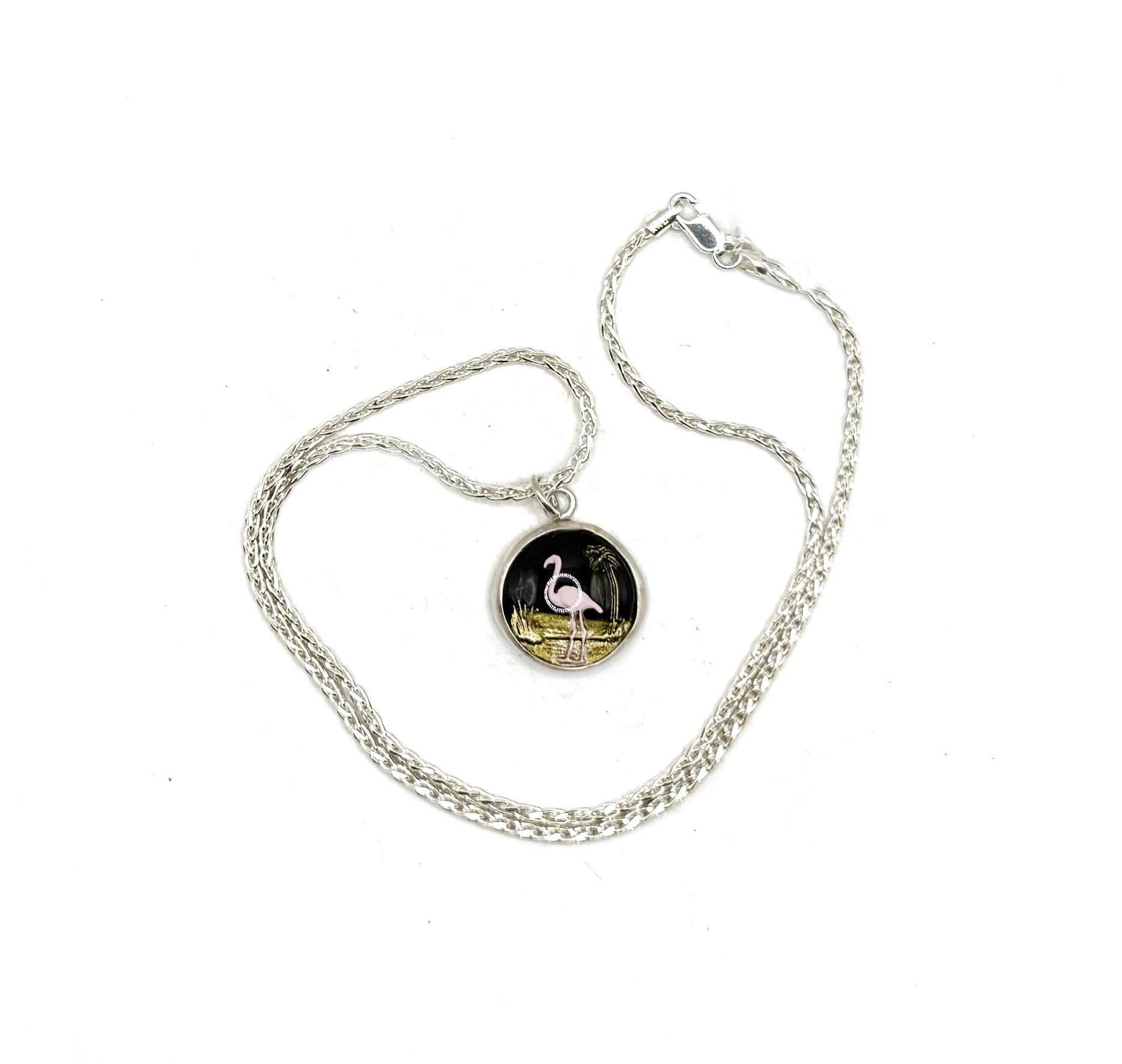 Vintage 1950s Flamingo Glass Necklace – Hand-Painted Intaglio Cabochons on Sterling Silver Wheat Chain