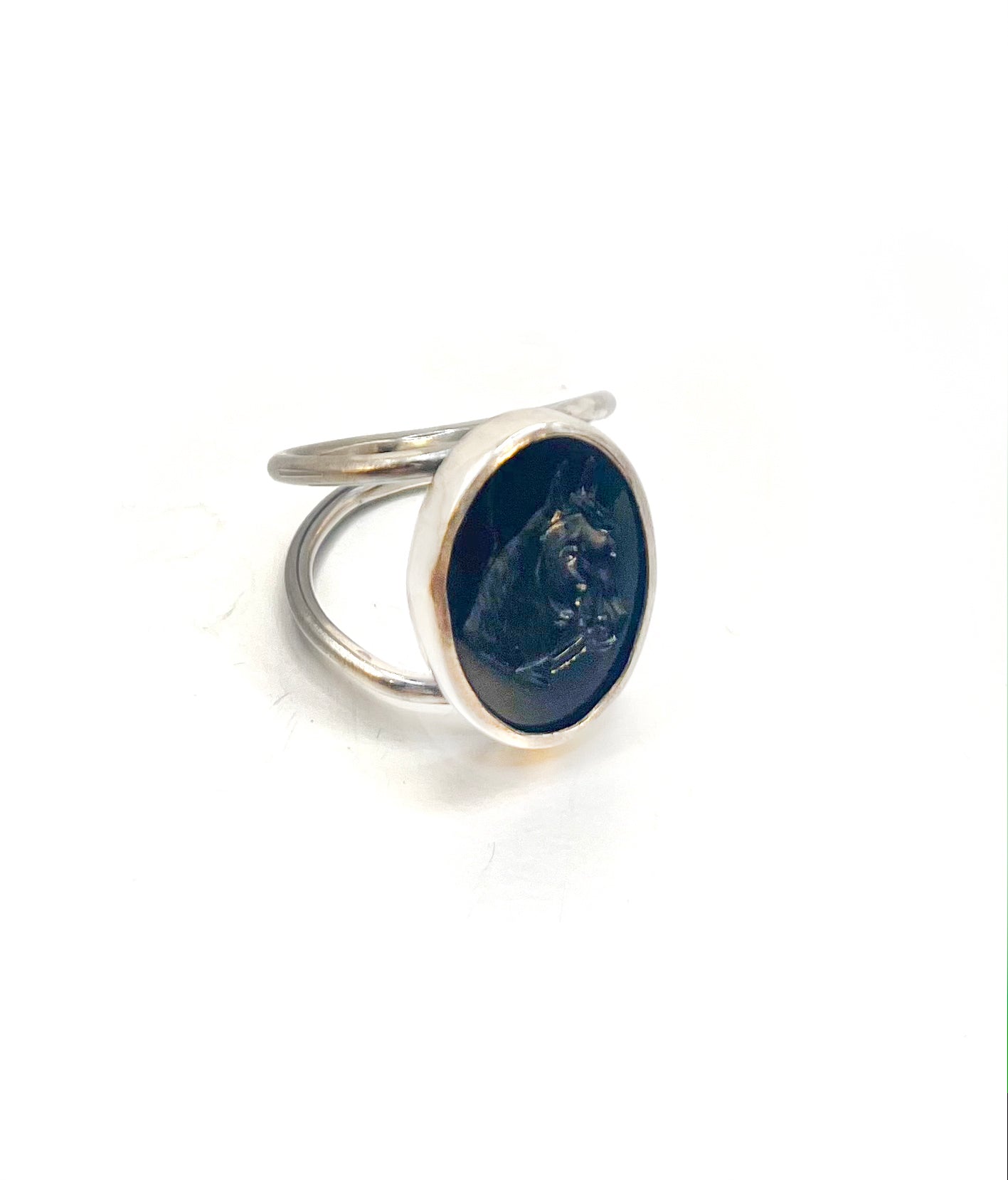 Obsidian Horse Head Saddle Sterling Ring