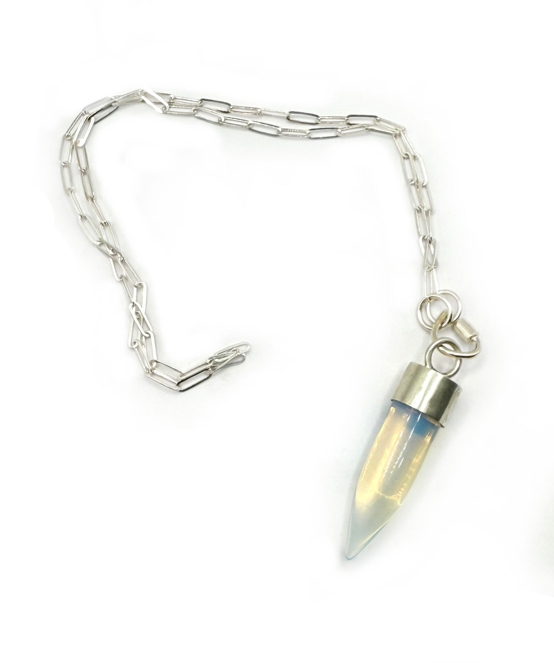 Silver chain necklace with a unique pendant on a white background