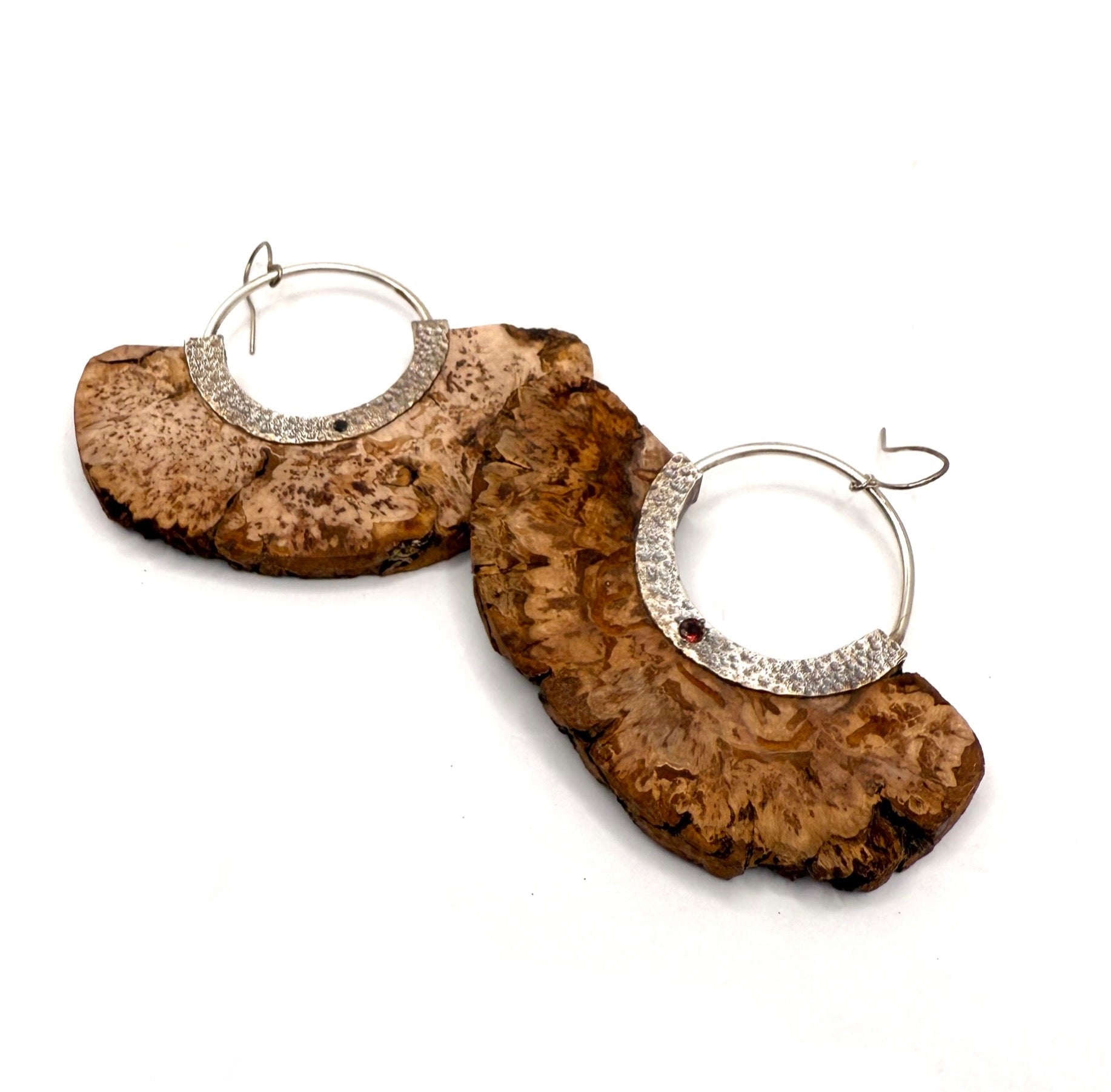 Hickory Burl Earrings with Sapphire and Garnet