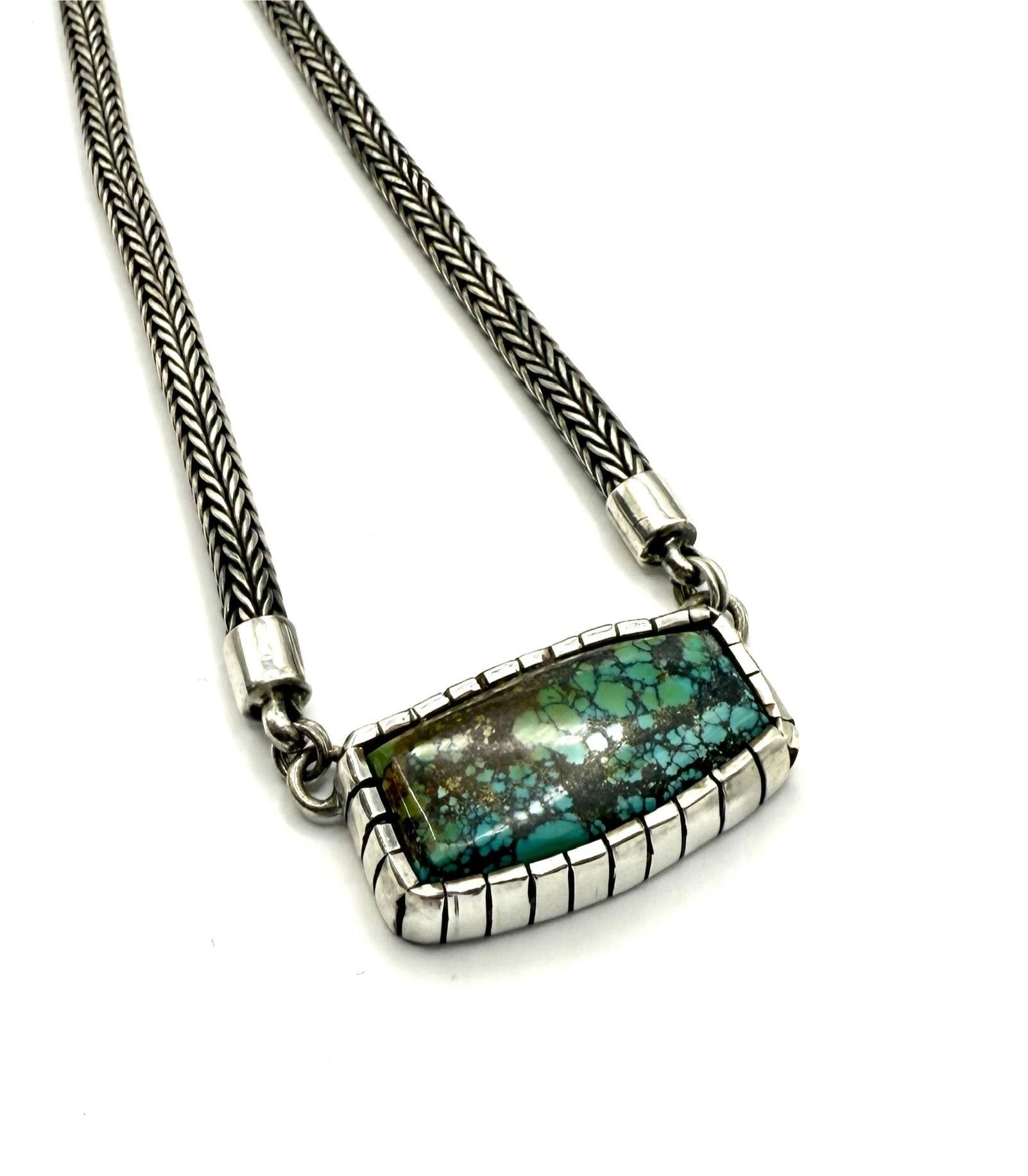 Handmade Fine Silver Woven Chain Necklace with Hubei Turquoise in Castellated Sterling Bezel