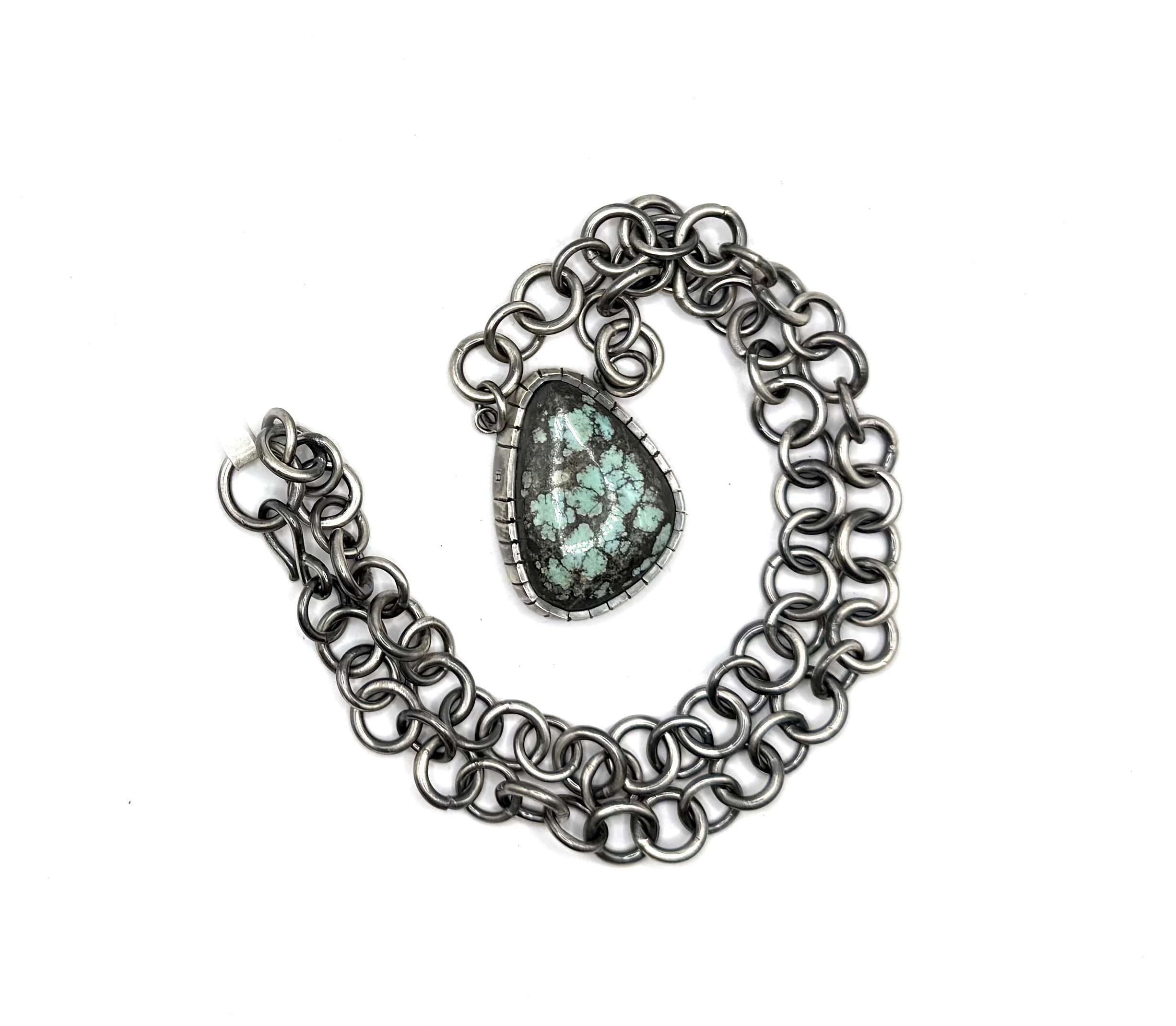 Castellated Treasure Mountain Turquoise Necklace – Handmade Sterling Silver Chain, 18"