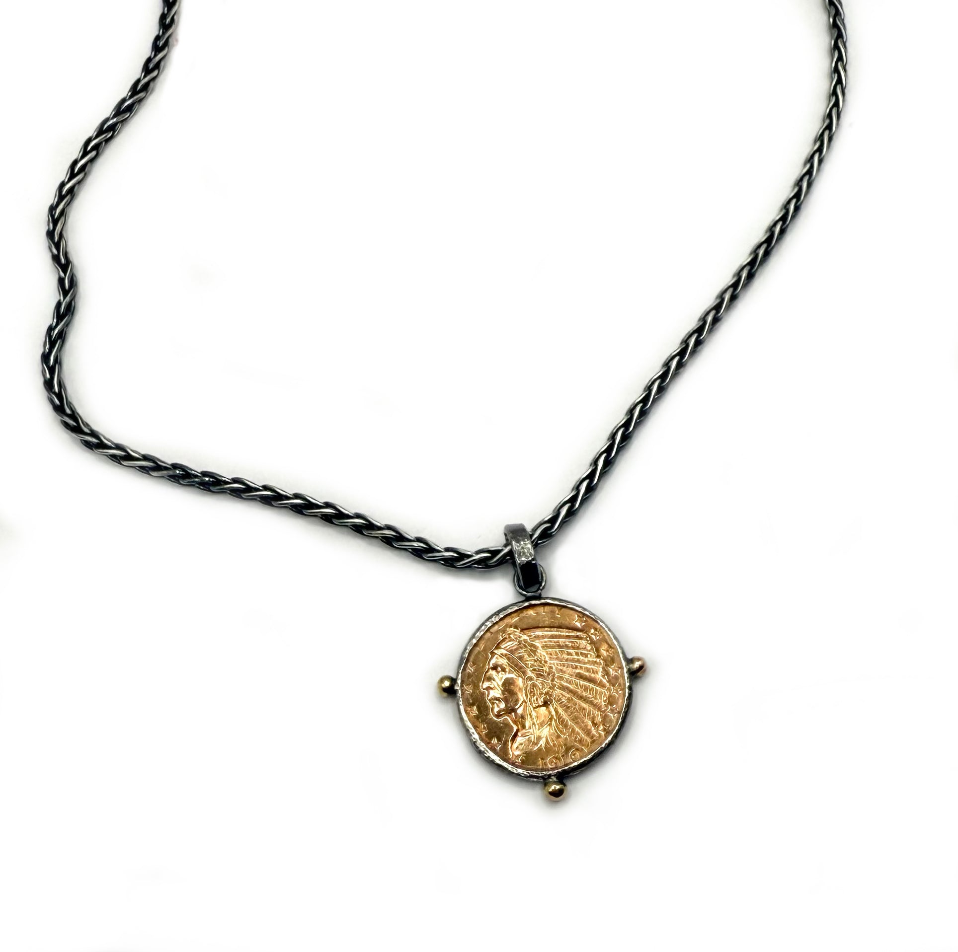 Historic Gold Indian Head $2.50 Coin Necklace – Sterling Silver Bezel & Woven Chain