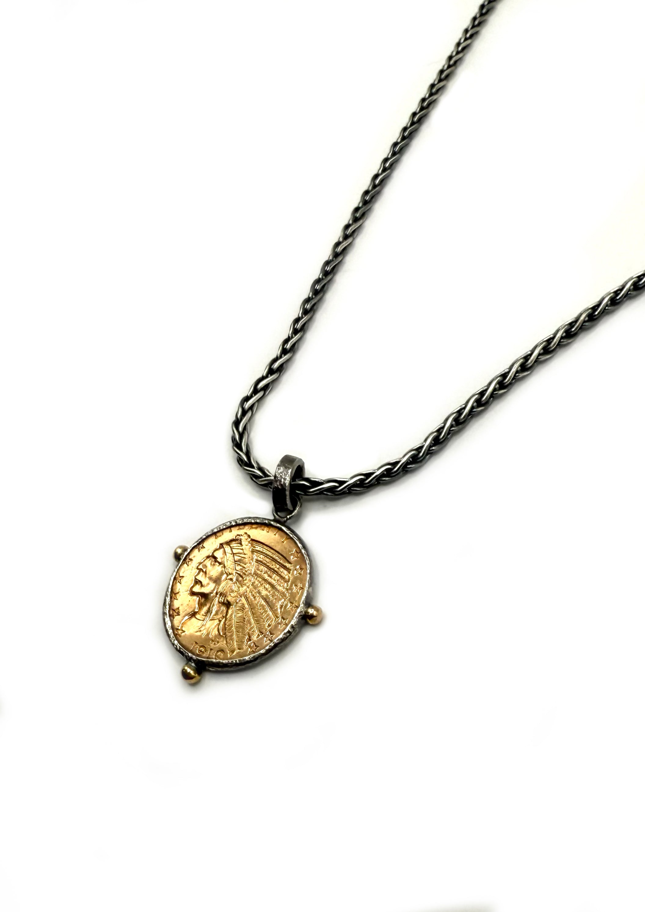 Historic Gold Indian Head $2.50 Coin Necklace – Sterling Silver Bezel & Woven Chain