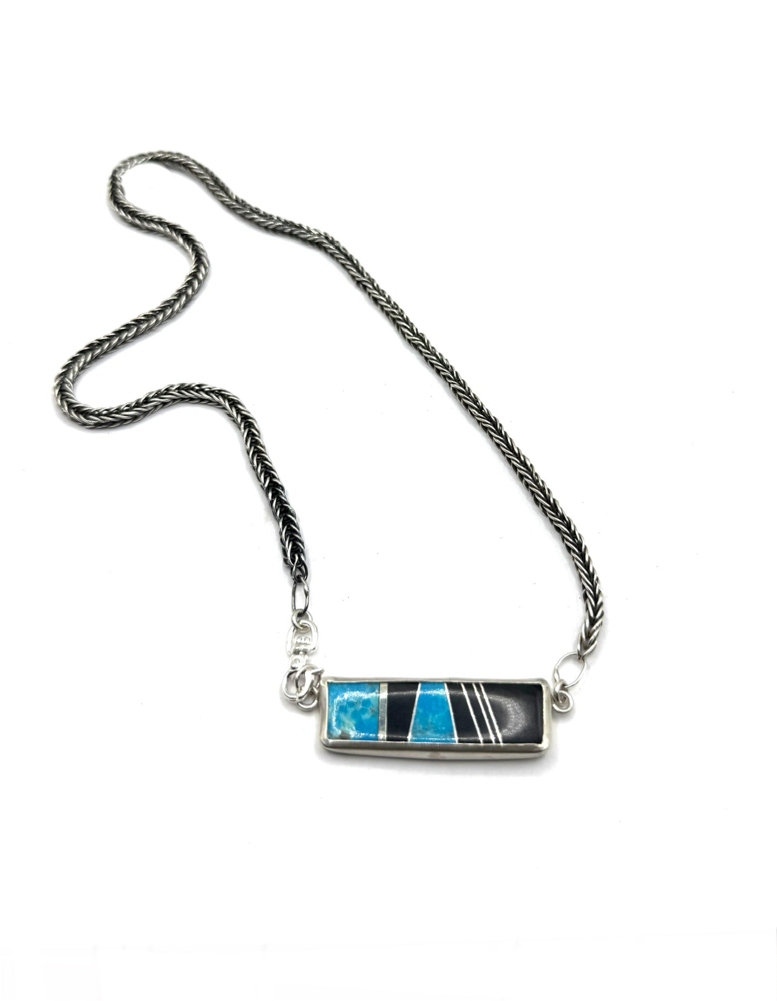 Handwoven Fine Silver Choker with Turquoise Micarta Inlay: Blue