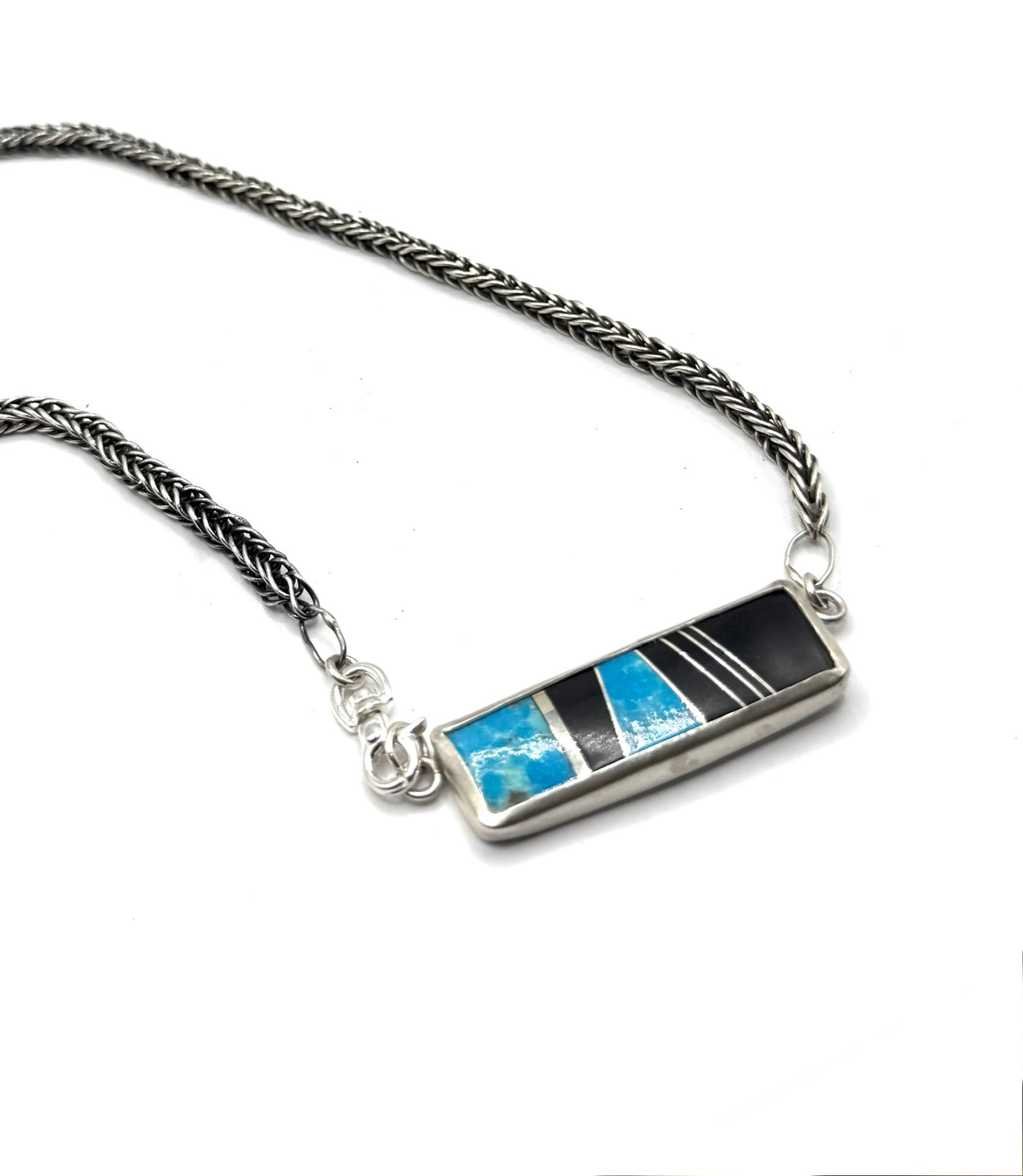 Handwoven Fine Silver Choker with Turquoise Micarta Inlay: Blue