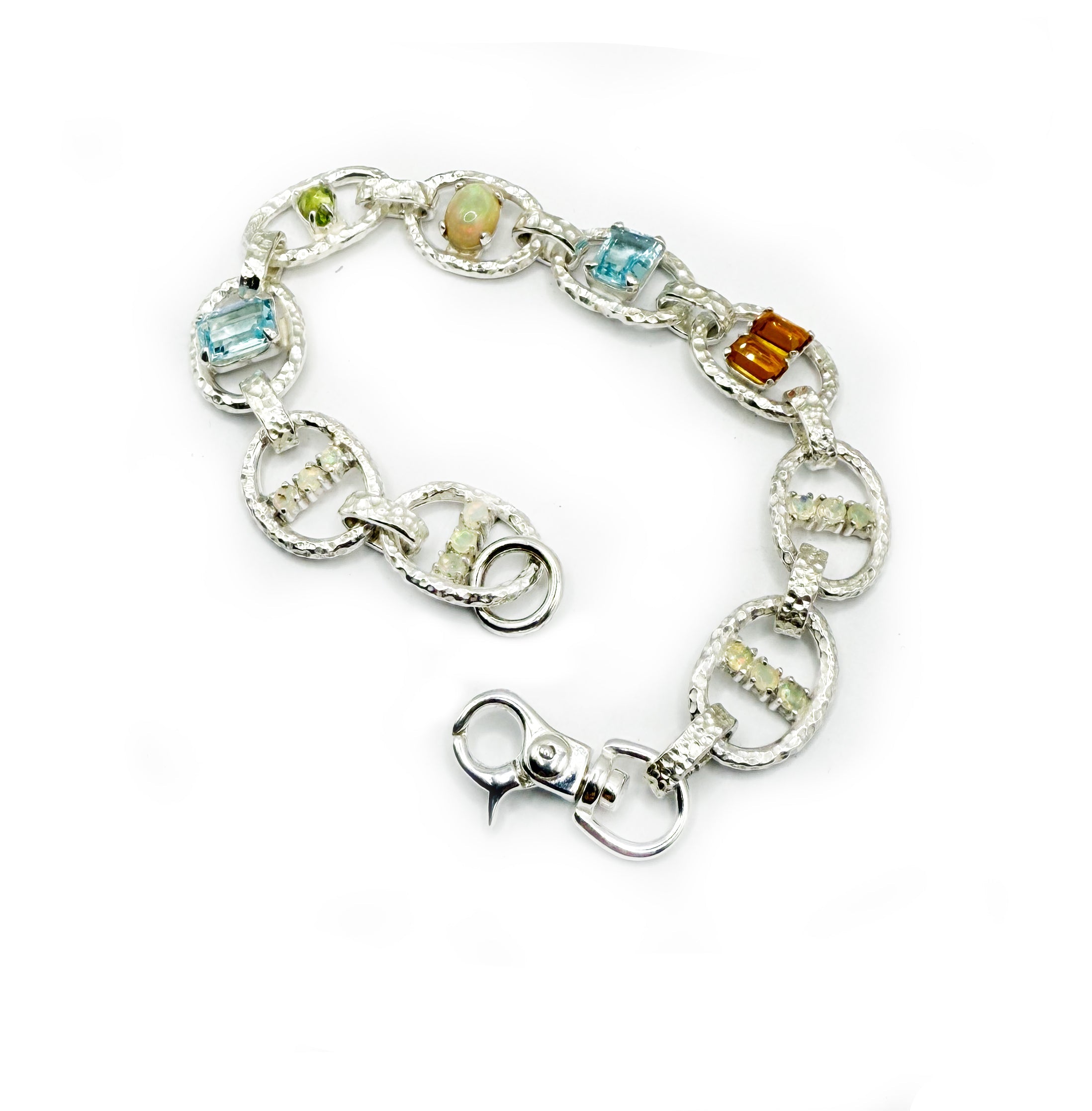 Hand-Carved Sterling Marine Chain Bracelet with White Opal, Amber Quartz, Topaz & Peridot