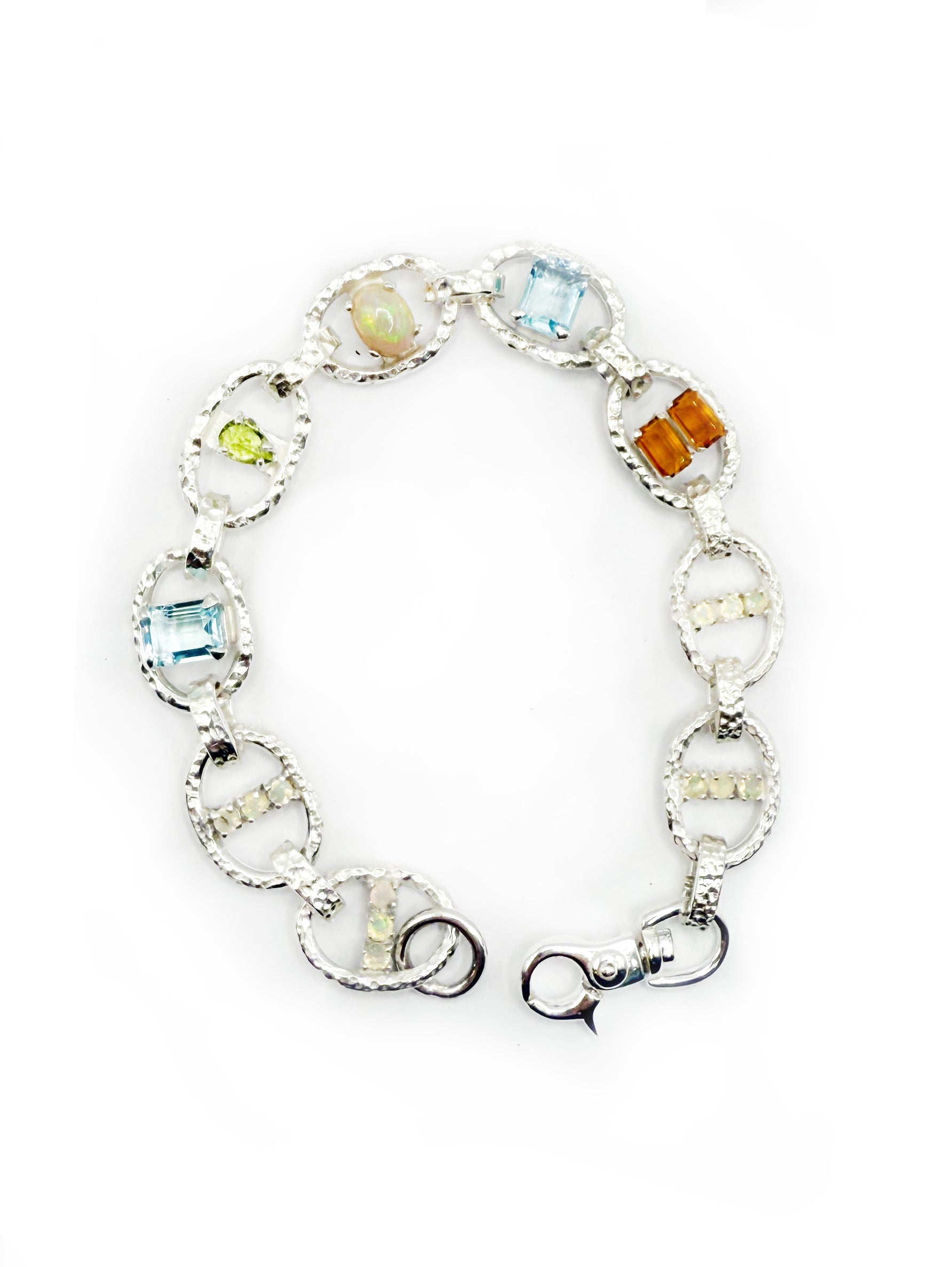 Hand-Carved Sterling Marine Chain Bracelet with White Opal, Amber Quartz, Topaz & Peridot