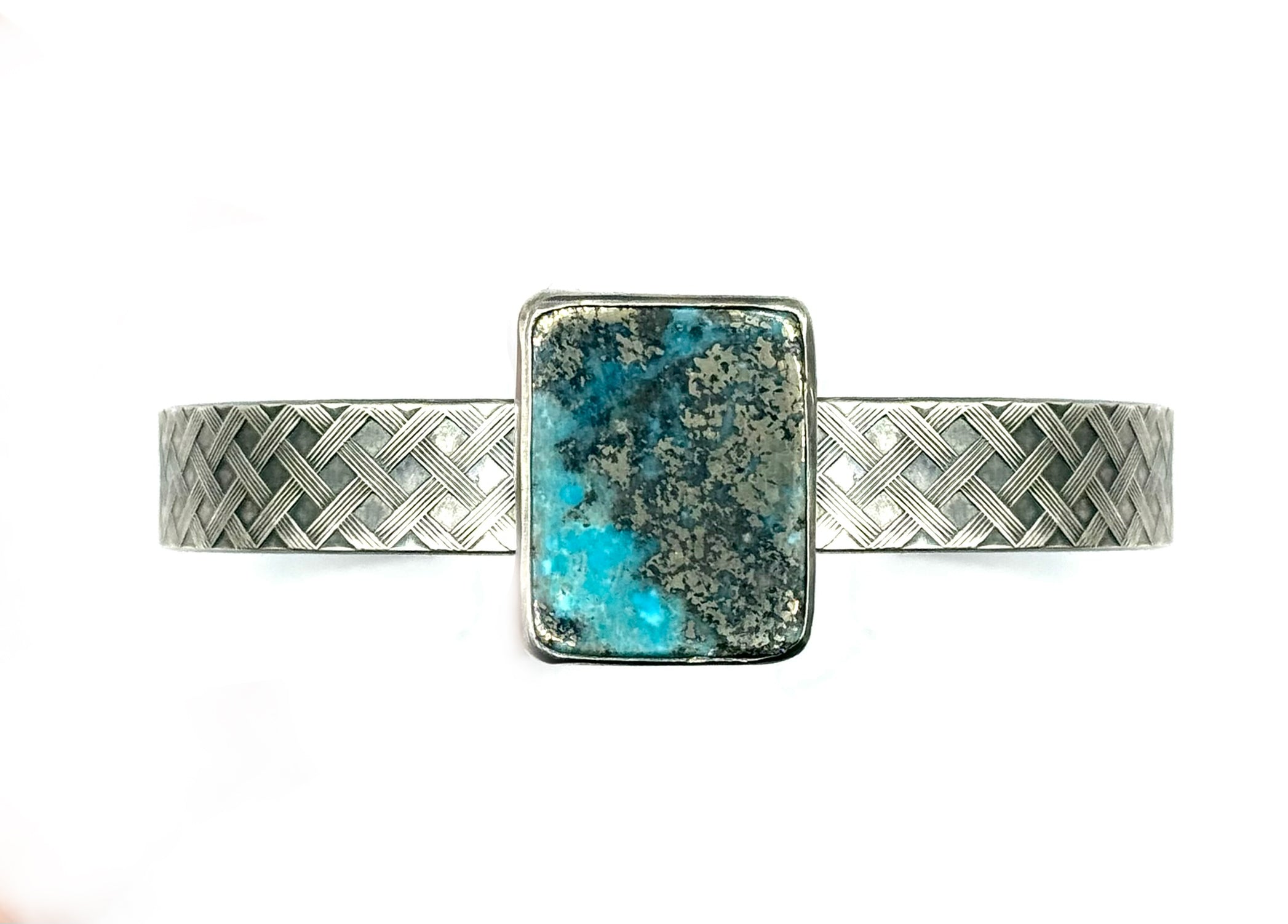 Turquoise and Pyrite Basket Pattern Sterling Silver Cuff – Handcrafted Southwestern Jewelry, 6.5" Circumference
