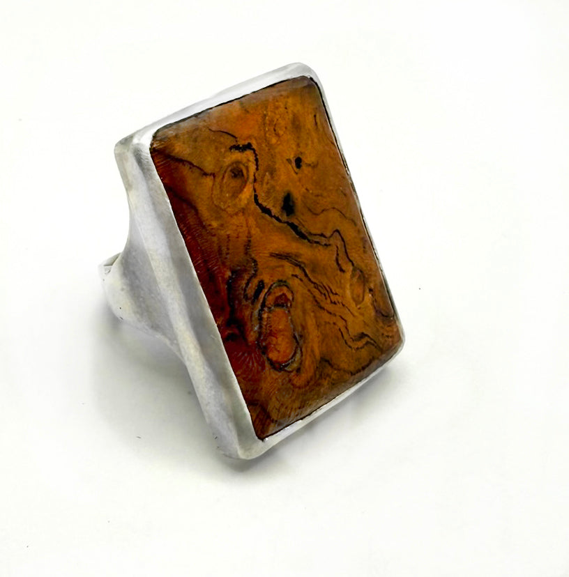Cherry Wood Silver Signet Ring Custom-Sized Lightweight Wood Grain Statement Ring