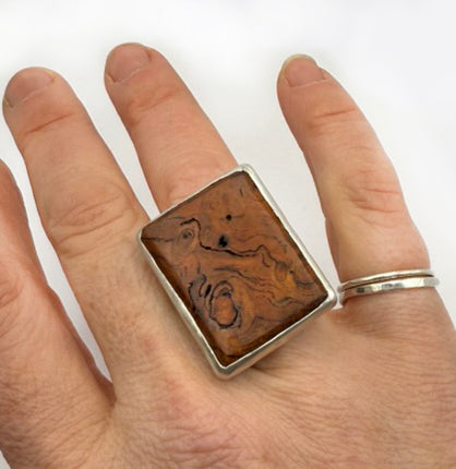 Cherry Wood Silver Signet Ring Custom-Sized Lightweight Wood Grain Statement Ring