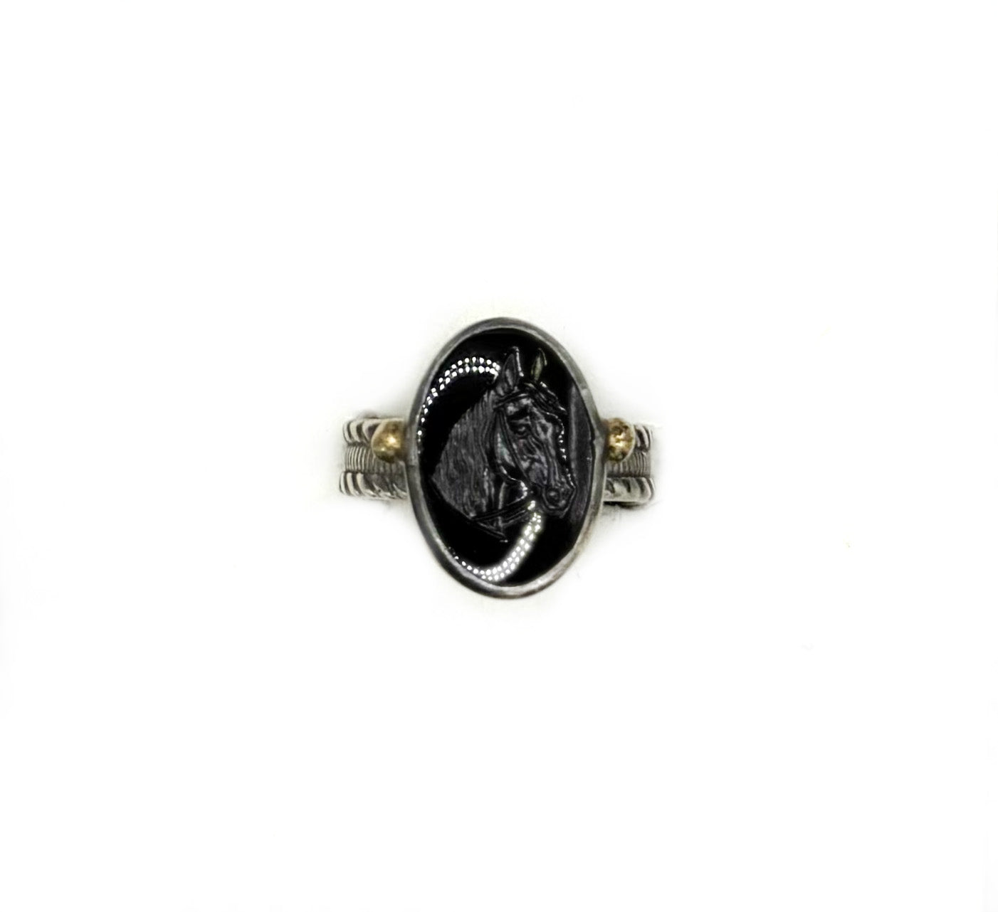 Obsidian and 14K Yellow Gold Horse Head Band – Handmade Sophisticated Jewelry, Size 8.5
