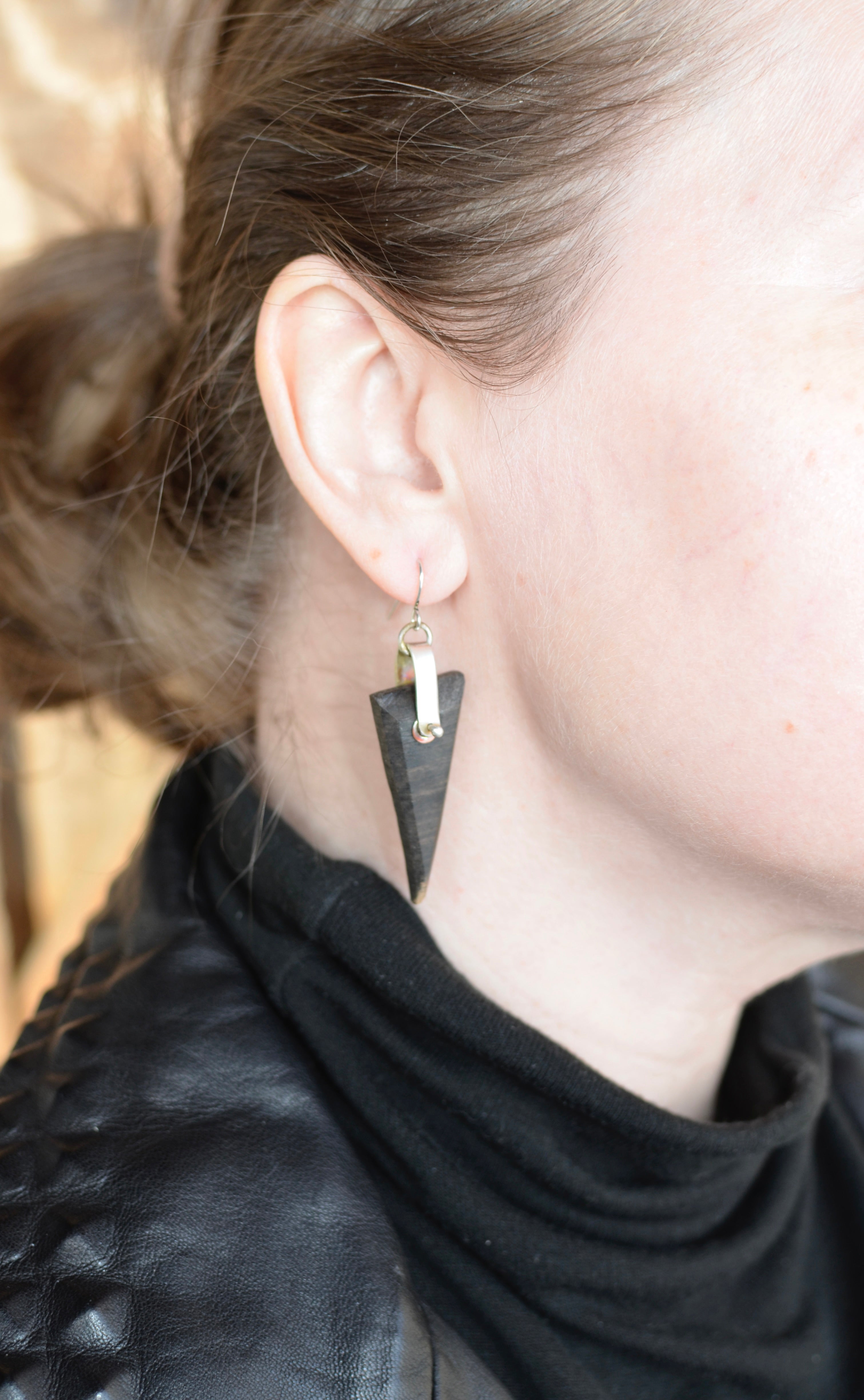 Handcrafted Ebony Wood Slice Earrings with Kinetic Sterling Silver Dangles