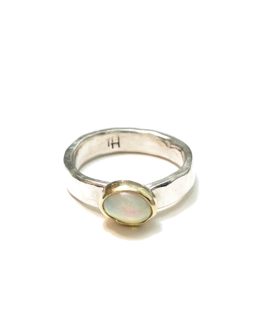 Opal and Gold with Polished Sterling Band Ring