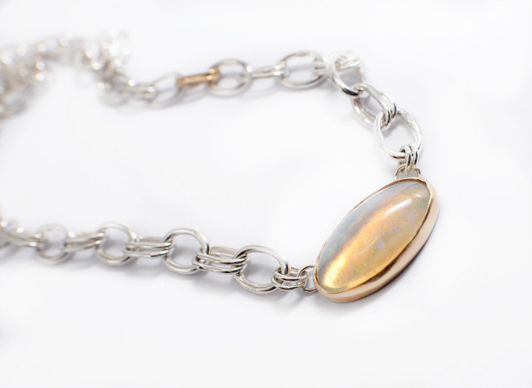 Opal Gold Bezel and Silver Handmade Chain Necklace
